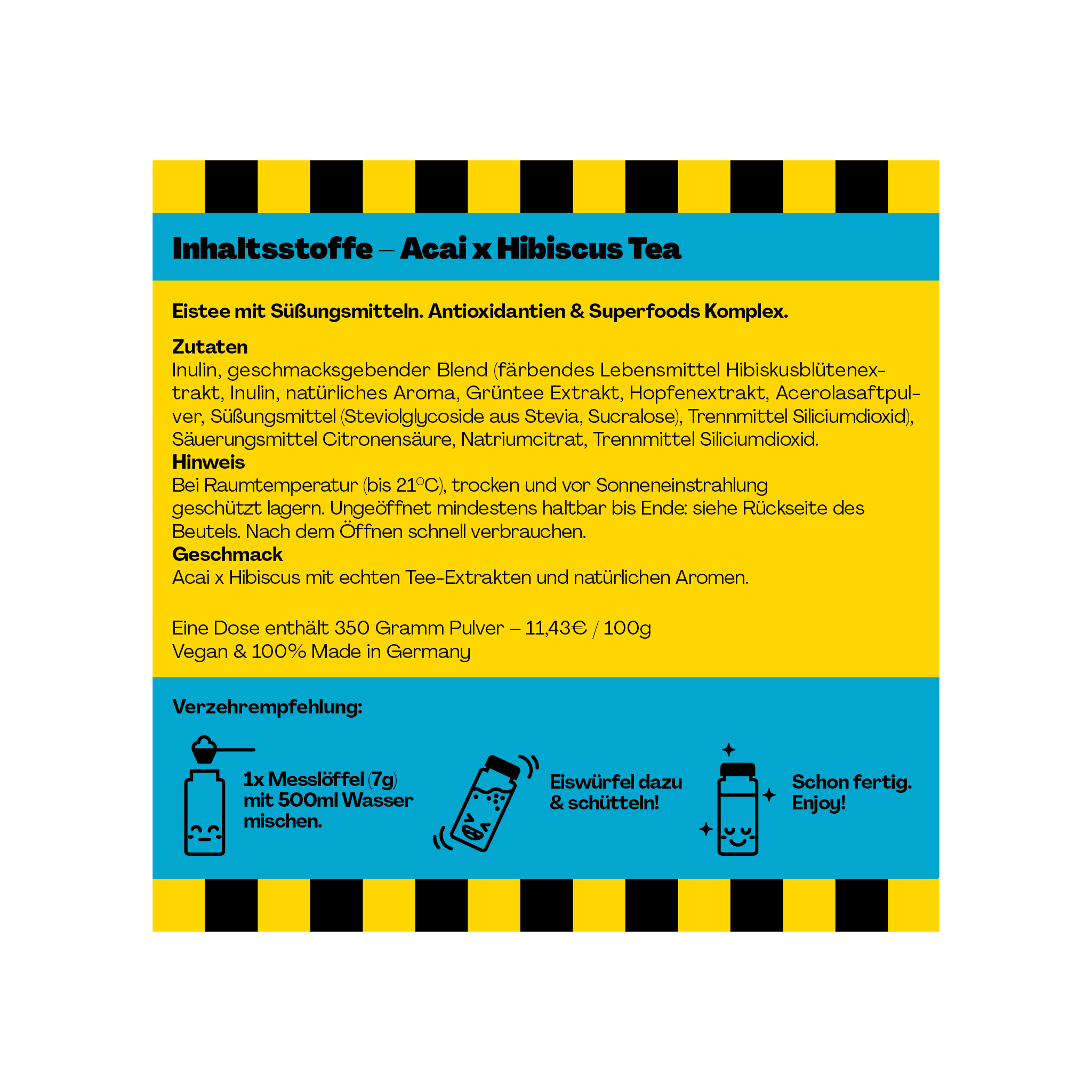 Eine Infografik mit Zutatenliste, Verzehrempfehlung und Shaker-Abbildungen für Acai x Hibiscus Tee.