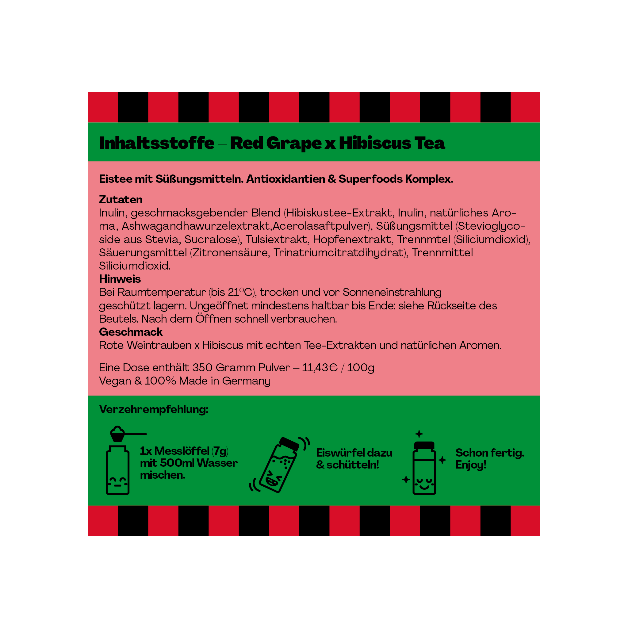 Etikett der Dose mit Zutaten und Anleitung für Red Grape x Hibiscus Tee; enthält Vegan-Siegel und Preisangabe.