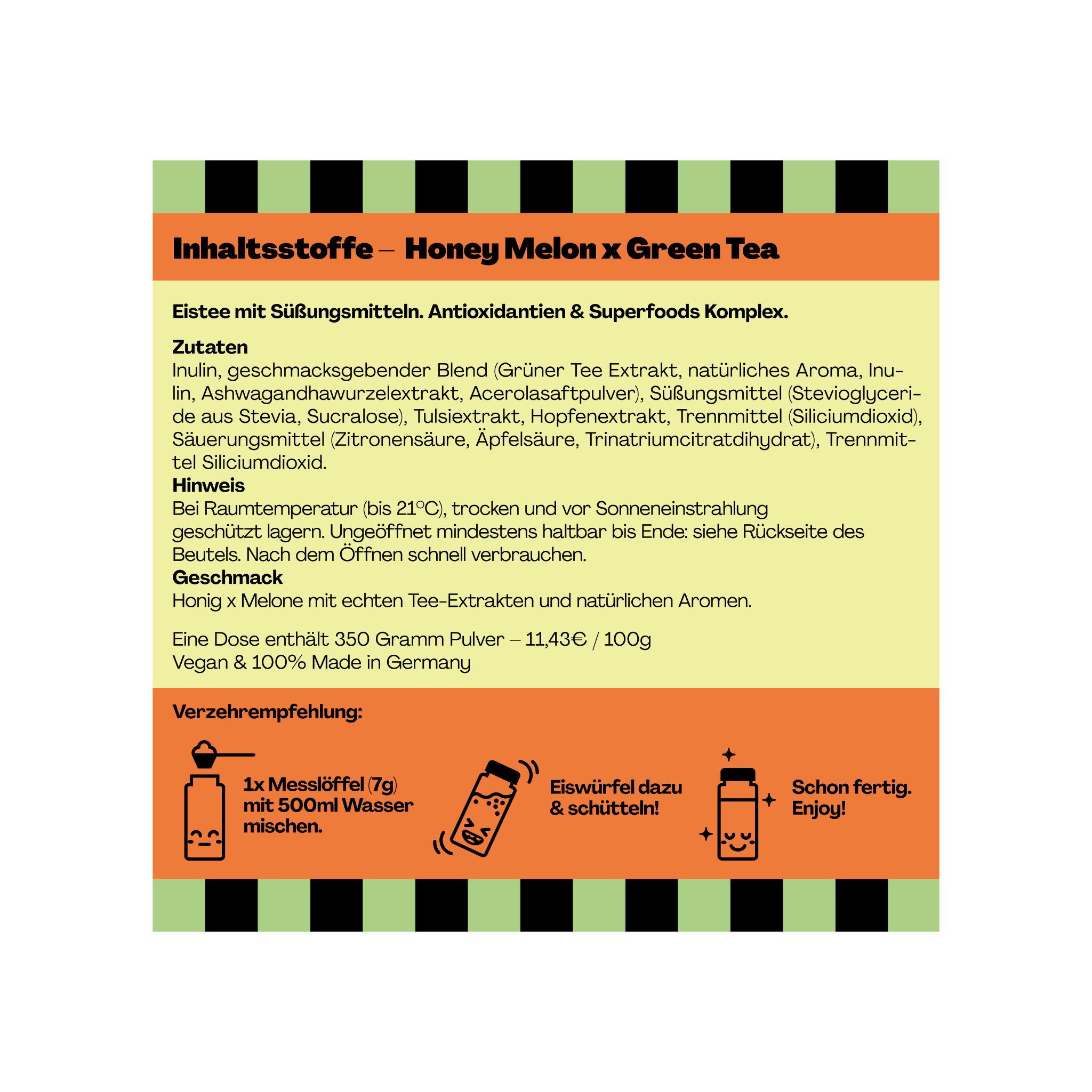 Verpackung einer Eisteemischung „Honey Melon x Green Tea“, inklusive Zutaten, Herstellungshinweise und Verzehrempfehlung.