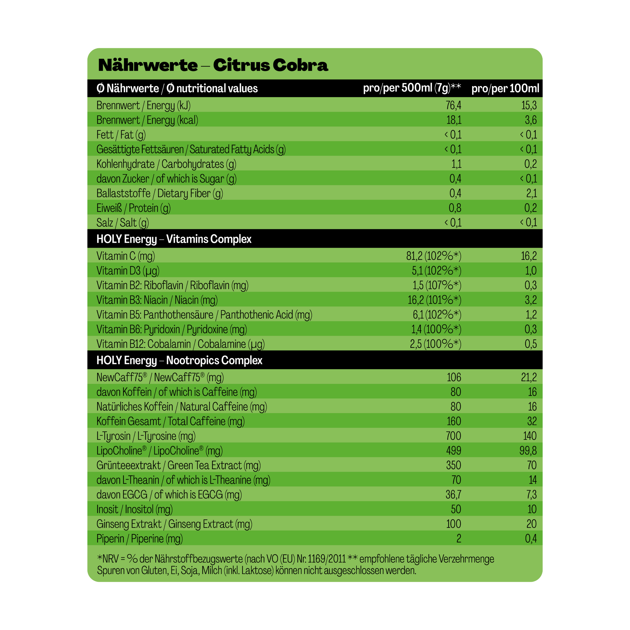 Nährwerttabelle eines Produkts namens "Citrus Cobra" mit Angaben zu Vitaminen und Nootropika in einem grünen Design.