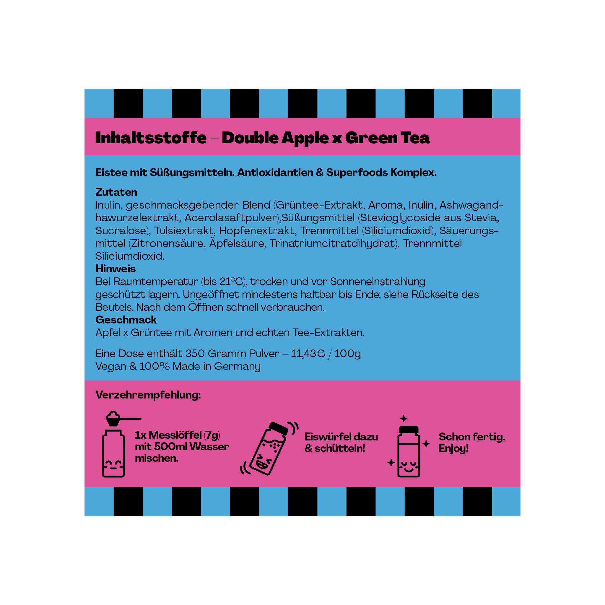 Verpackungstext für ein Getränk "Double Apple x Green Tea" mit Angaben zu Zutaten, Geschmack und Zubereitung.