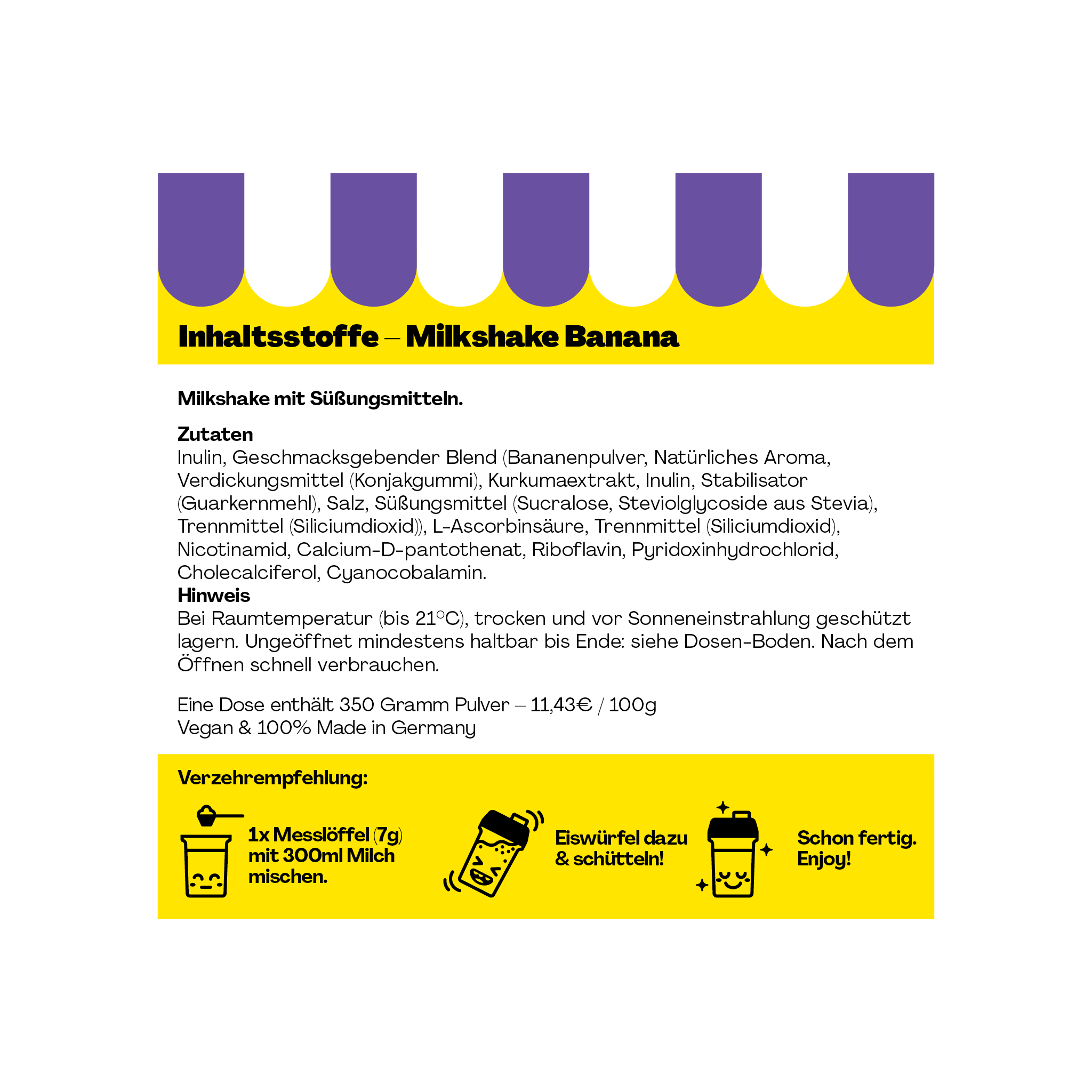 Verpackungsetikett eines Bananen-Milchshakepulvers mit Zutatenliste, Verzehrempfehlung und Lagerhinweisen.