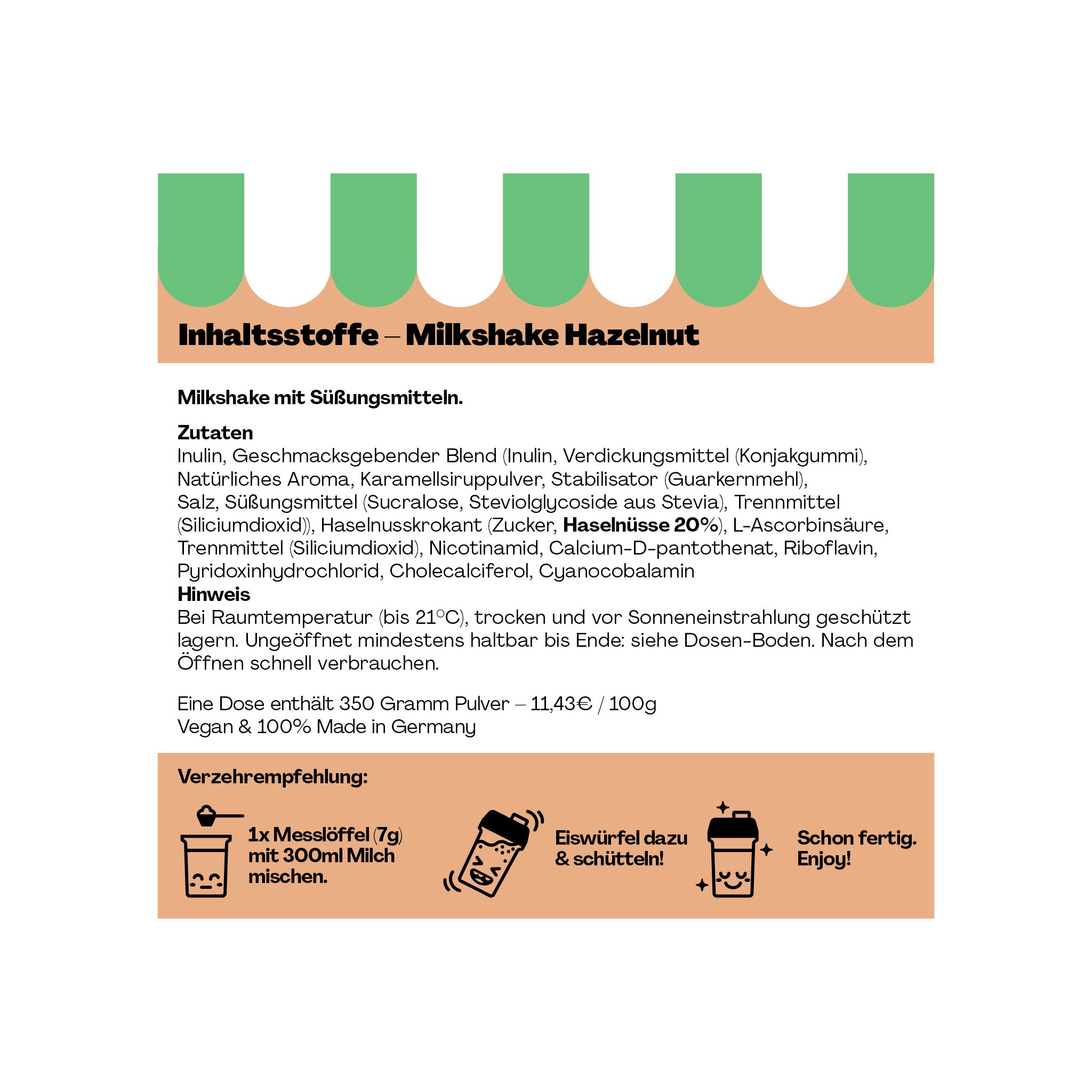 Verpackung mit Inhaltsstoffen für Milkshake Haselnuss, enthält Zubereitungshinweise und allergene Inhalte.