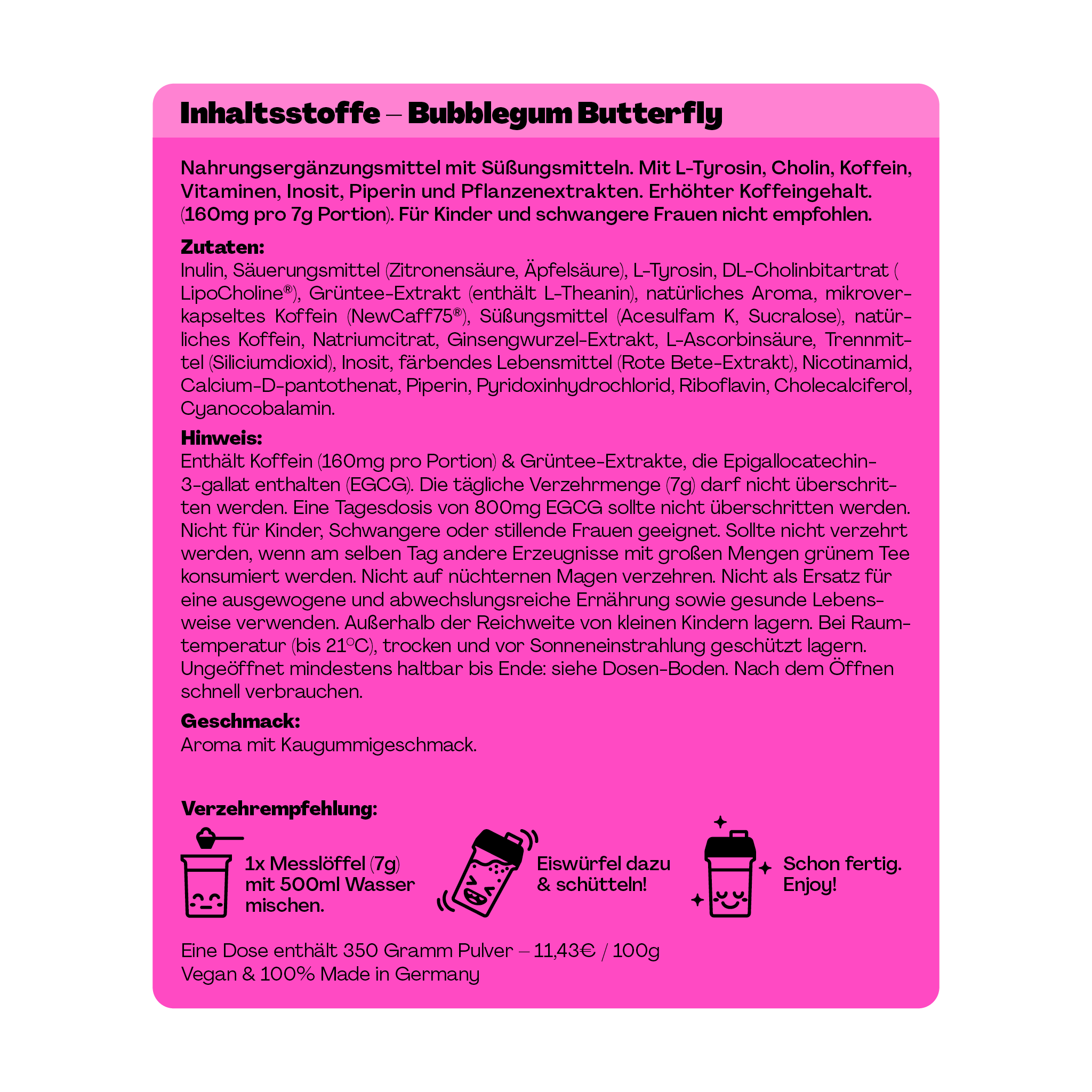 Pinkes Etikett mit Inhaltsstoffen, Zubereitungshinweisen und Warnhinweisen für ein Produkt namens "Bubblegum Butterfly".