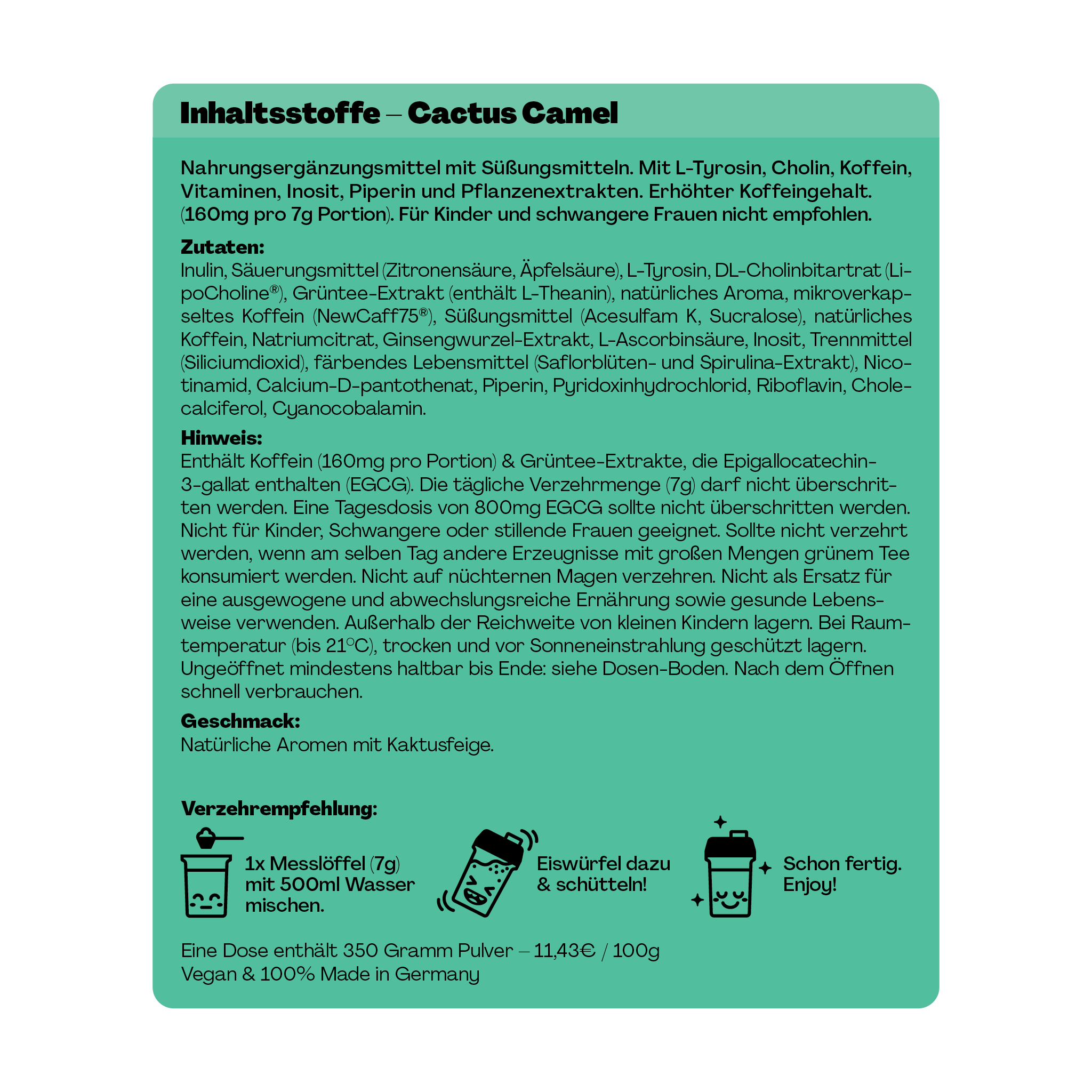 Grünes Verpackungsdesign mit Inhaltsstoffen und Verzehrempfehlung eines Nahrungsergänzungsmittels mit Kaktusfeigenaroma.