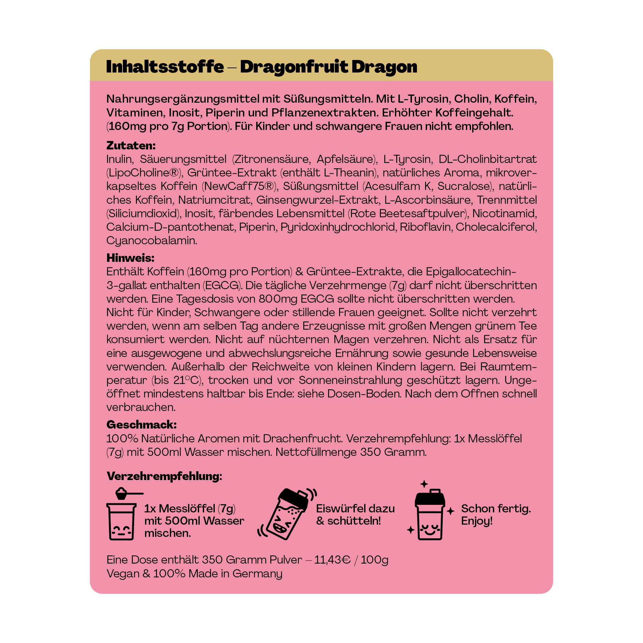 Verpackungstext eines Nahrungsergänzungsmittels mit Zutatenliste, Hinweisen und Verzehrempfehlung in deutscher Sprache.