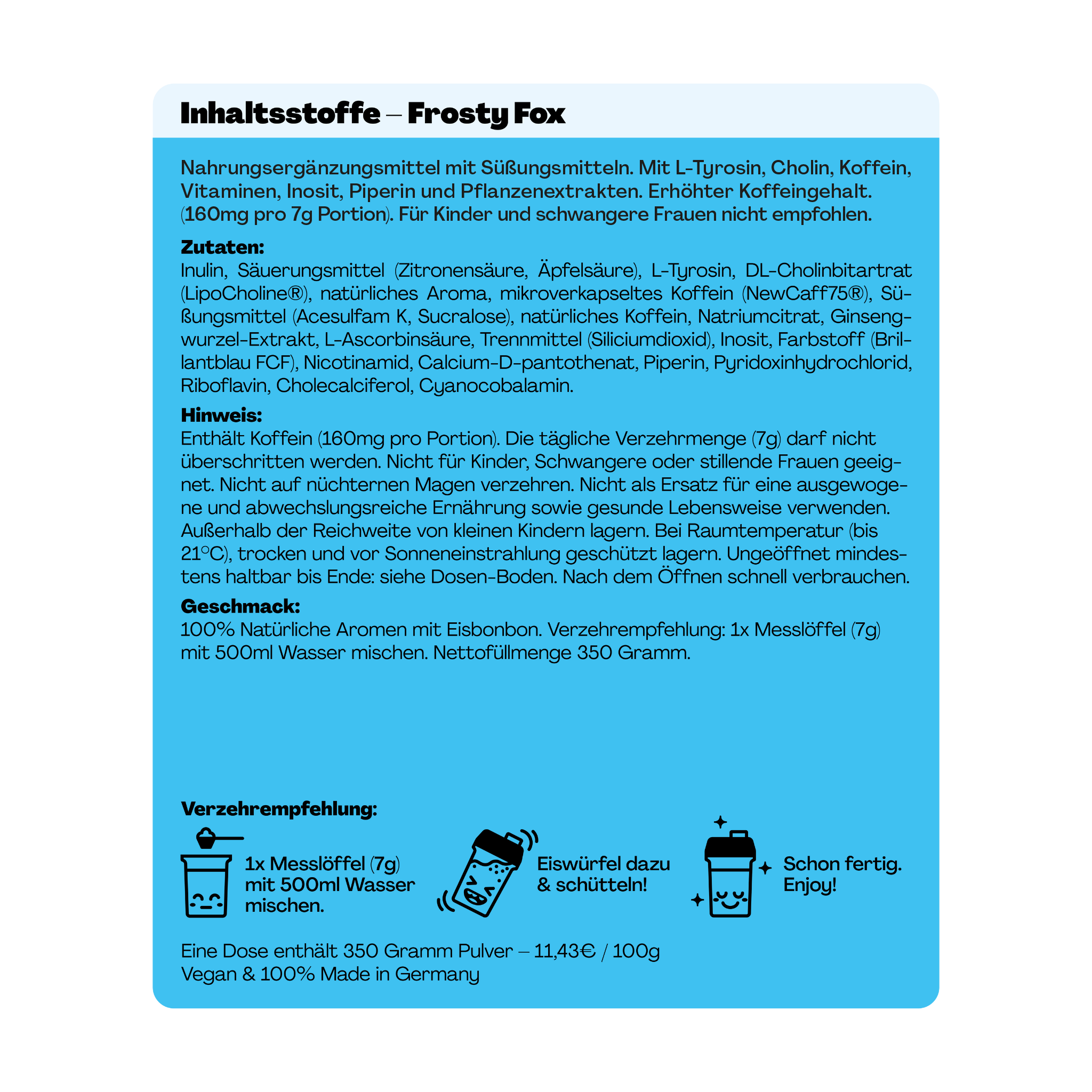 Text auf einer Produktverpackung mit Zutaten, Warnhinweisen und Verzehrempfehlung für ein Nahrungsergänzungsmittel.