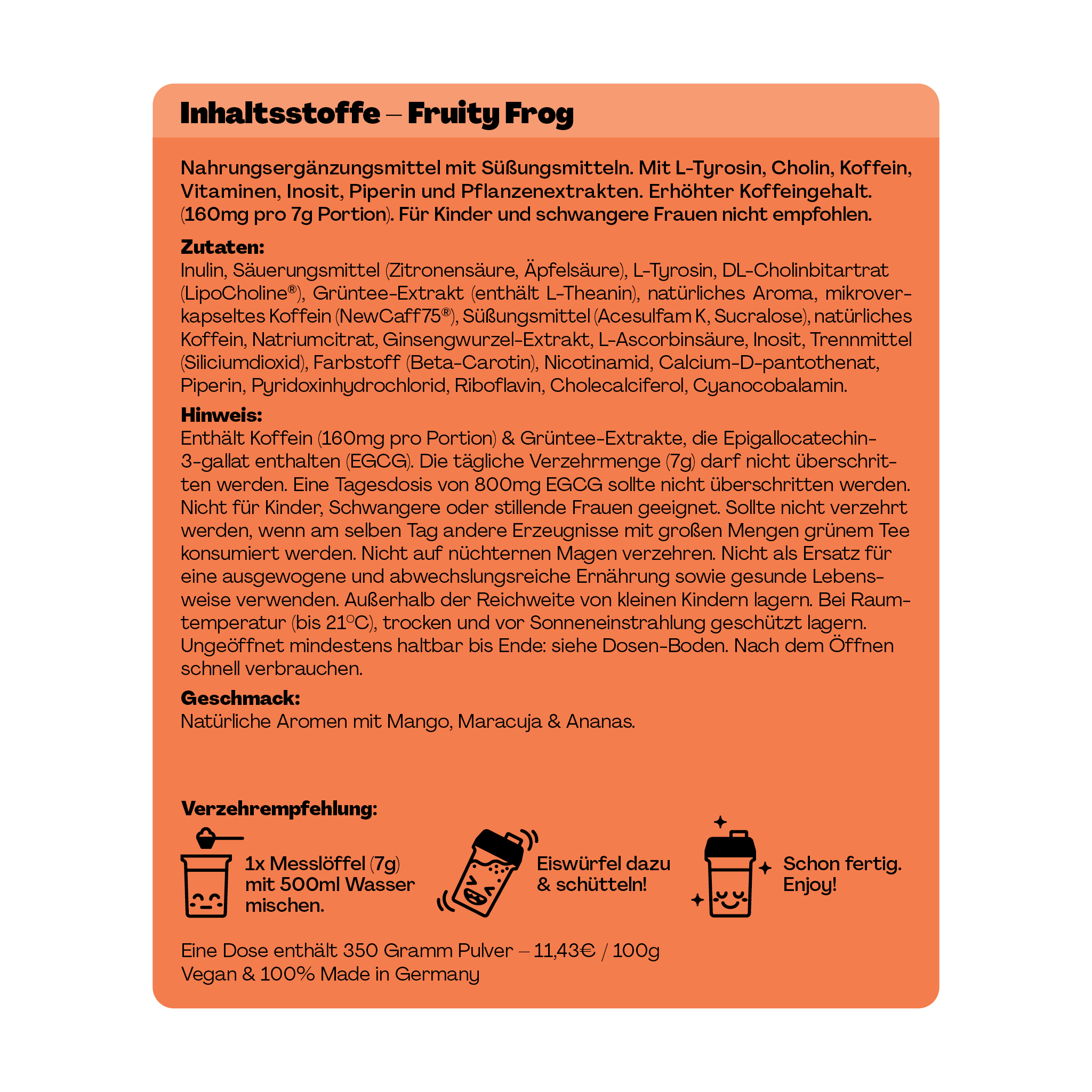 Orange Produktetikett mit dem Text "Inhaltsstoffe – Fruity Frog" und Verzehrempfehlung.