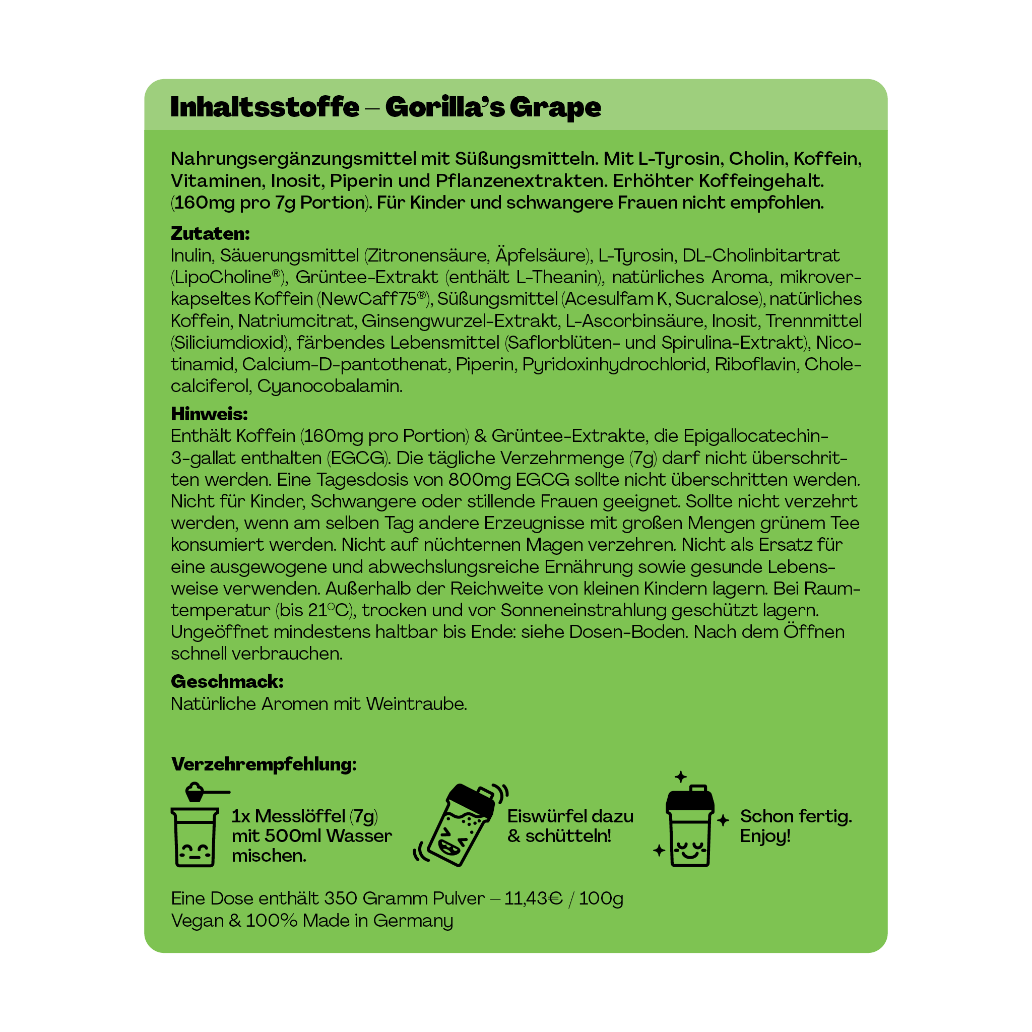 Grünes Etikett mit Informationen zu Inhaltsstoffen und Verzehrempfehlungen für ein Nahrungsergänzungsmittel.