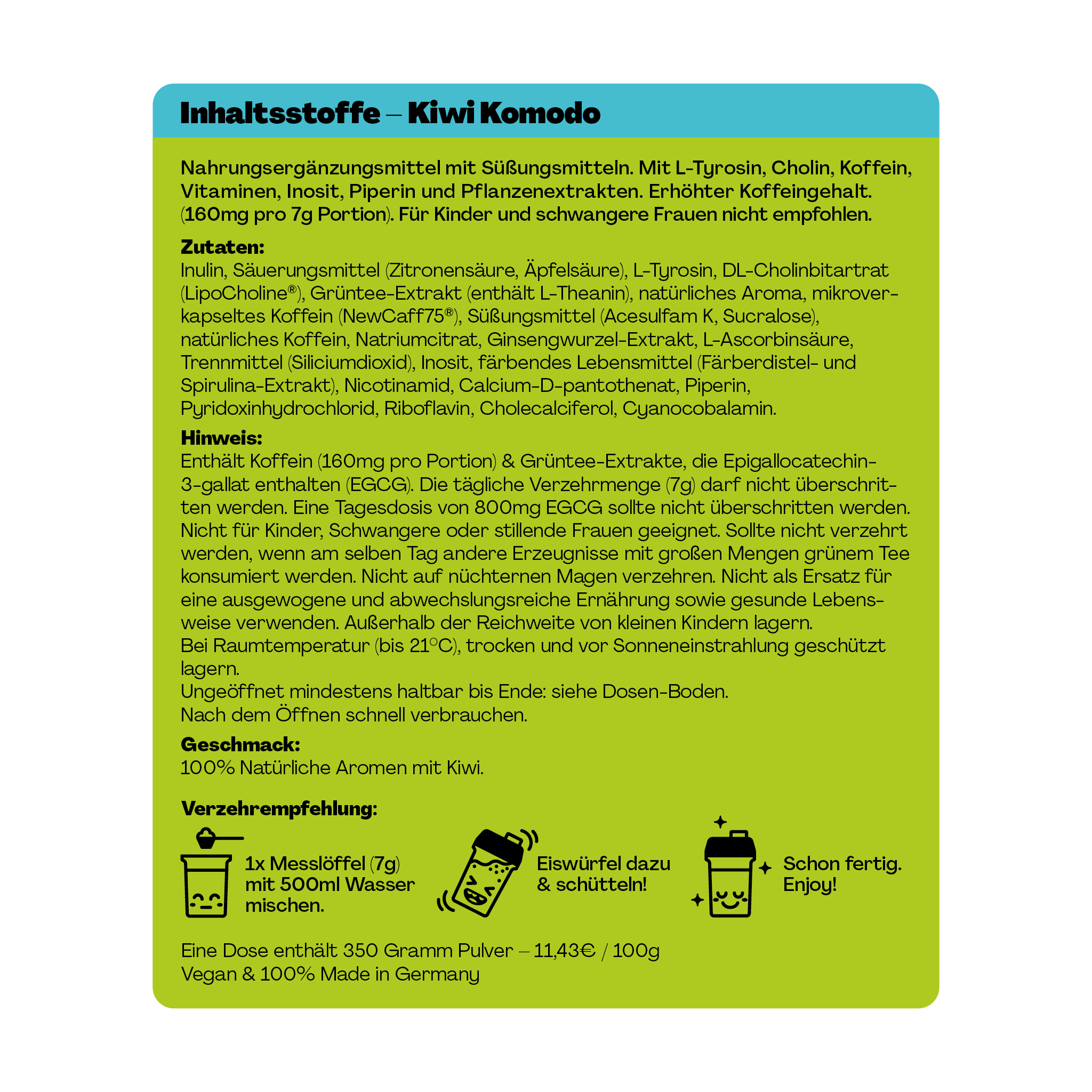 Verpackungsrückseite eines Nahrungsergänzungsmittels mit Kiwi-Geschmack, Zutaten, Hinweisen und Verzehrempfehlung.