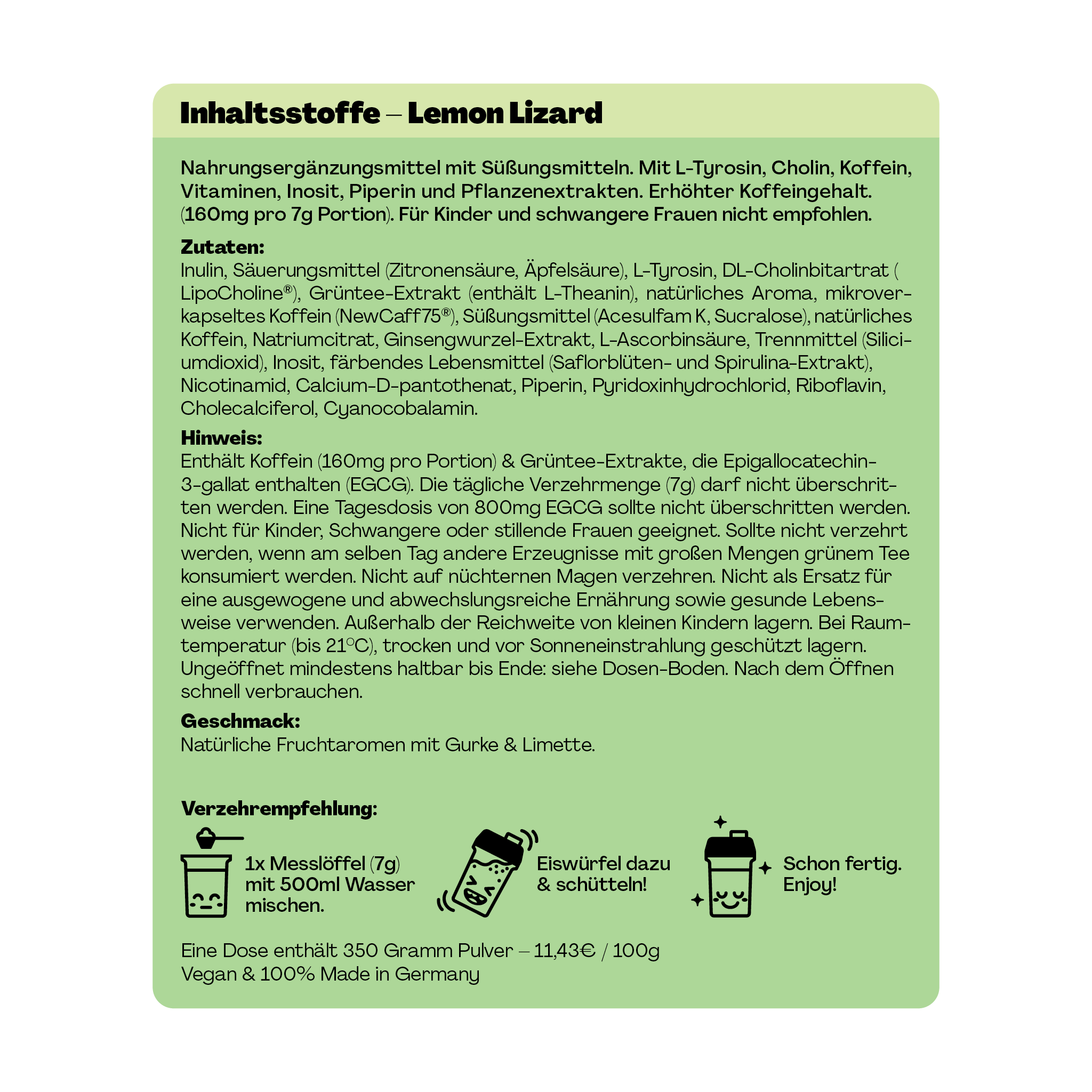 Produktetikett mit Zutaten, Verzehrempfehlung und Geschmacksbeschreibung eines Nahrungsergänzungsmittels „Lemon Lizard“.
