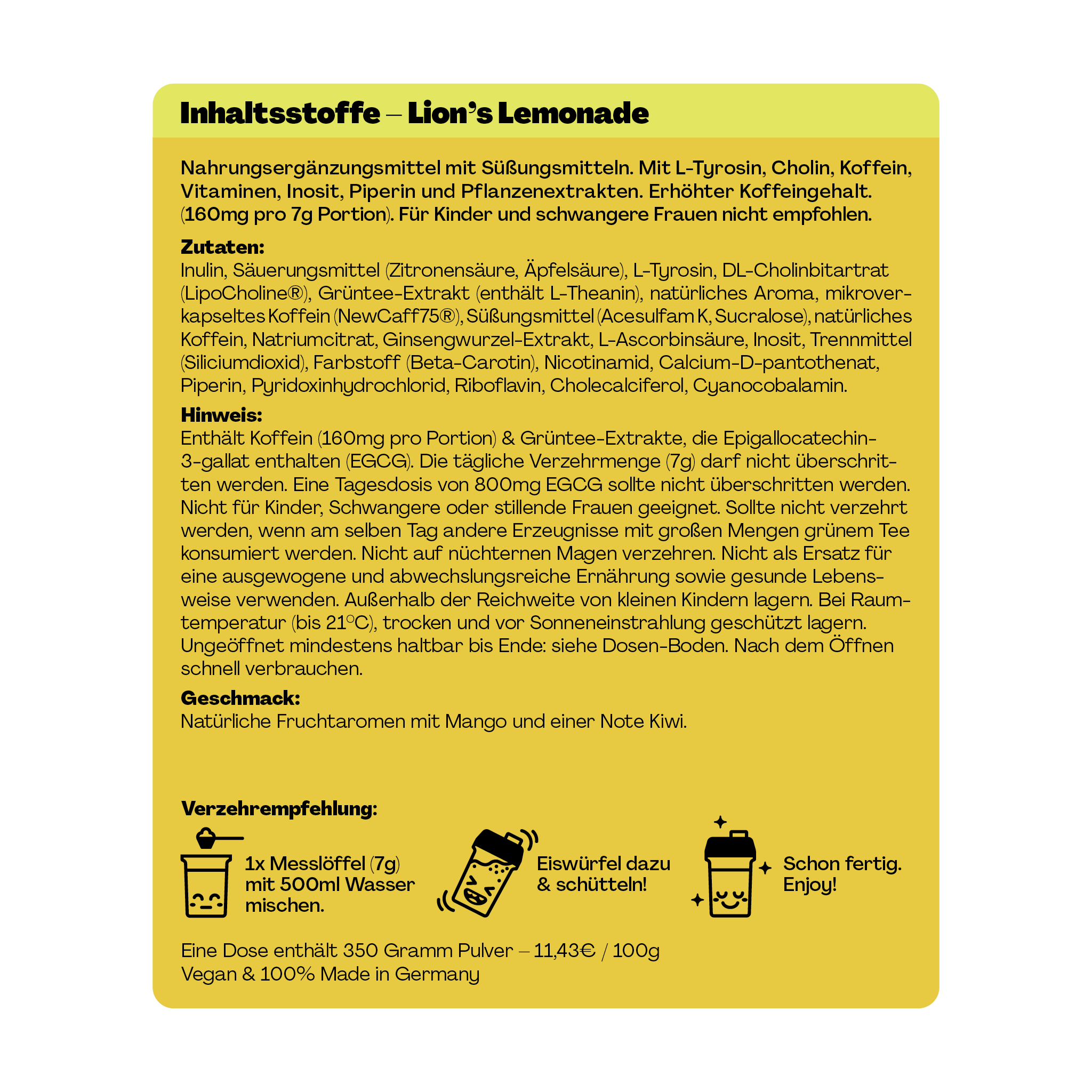 Gelbe Info-Grafik mit Inhaltsstoffen, Hinweisen und Verzehrempfehlung für ein Nahrungsergänzungsmittel namens Lion’s Lemonade.