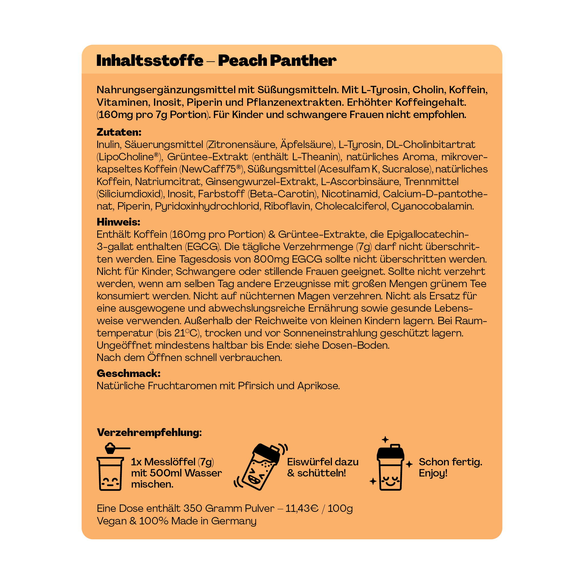Etikett mit Inhaltsstoffen von "Peach Panther", Nährwertinformationen, Verzehrempfehlung und Geschmacksbeschreibung.