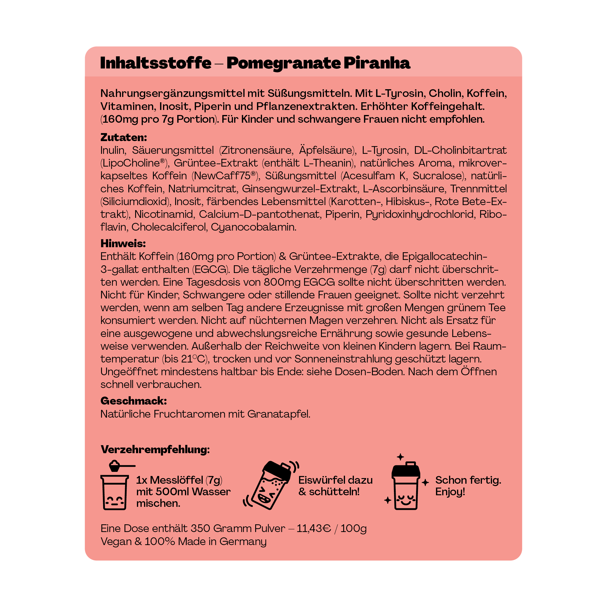 Produktetikett für ein Granatapfel-Ergänzungsmittel mit Zubereitungsempfehlung und Inhaltsstoffen, vegan und in Deutschland hergestellt.