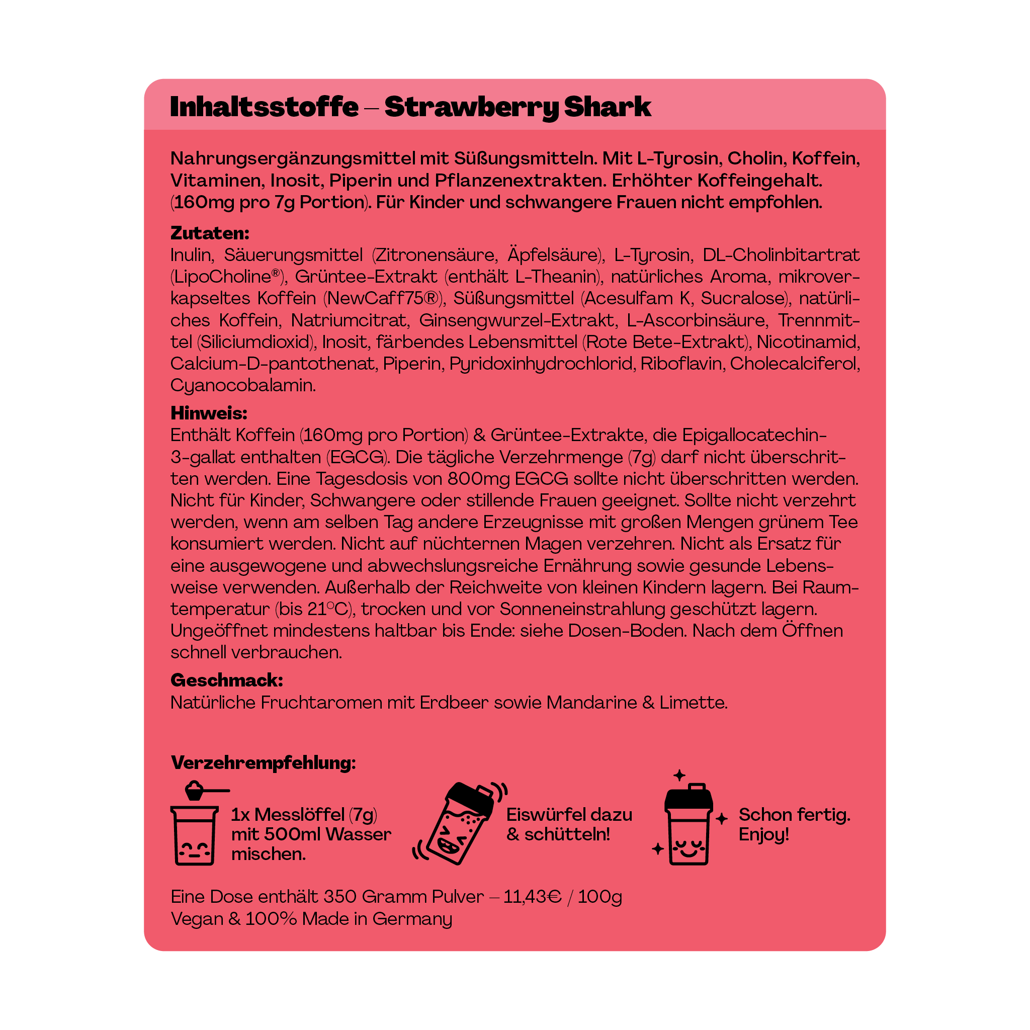 Rosa Nährwert-Tabelle für ein Nahrungsergänzungsmittel mit Zutaten, Hinweisen, Geschmack und Verzehrempfehlung.