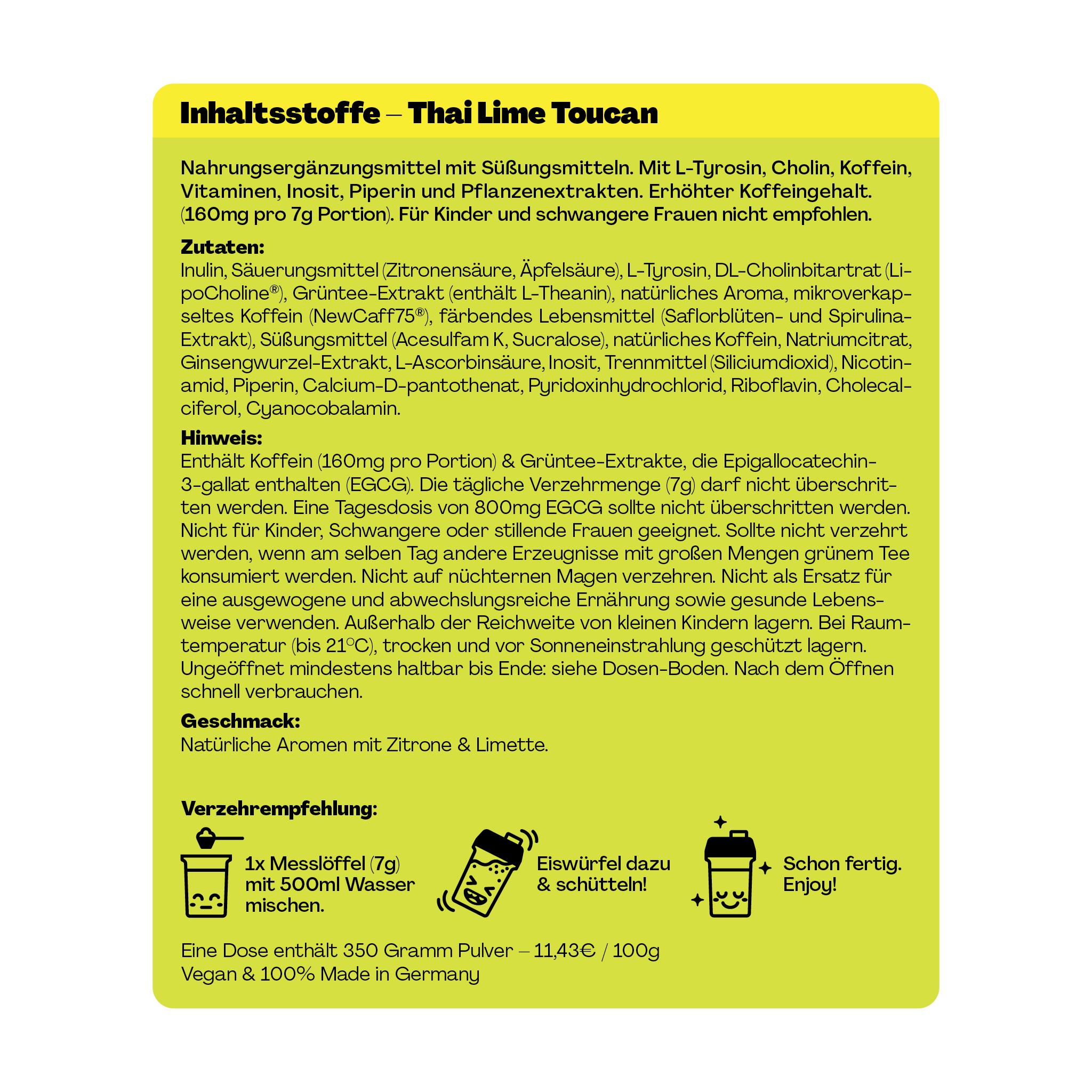 Eine Verpackung mit Inhaltsstoffen und Zubereitungshinweisen für ein Nahrungsergänzungsmittel mit Zitronen- und Limettengeschmack.