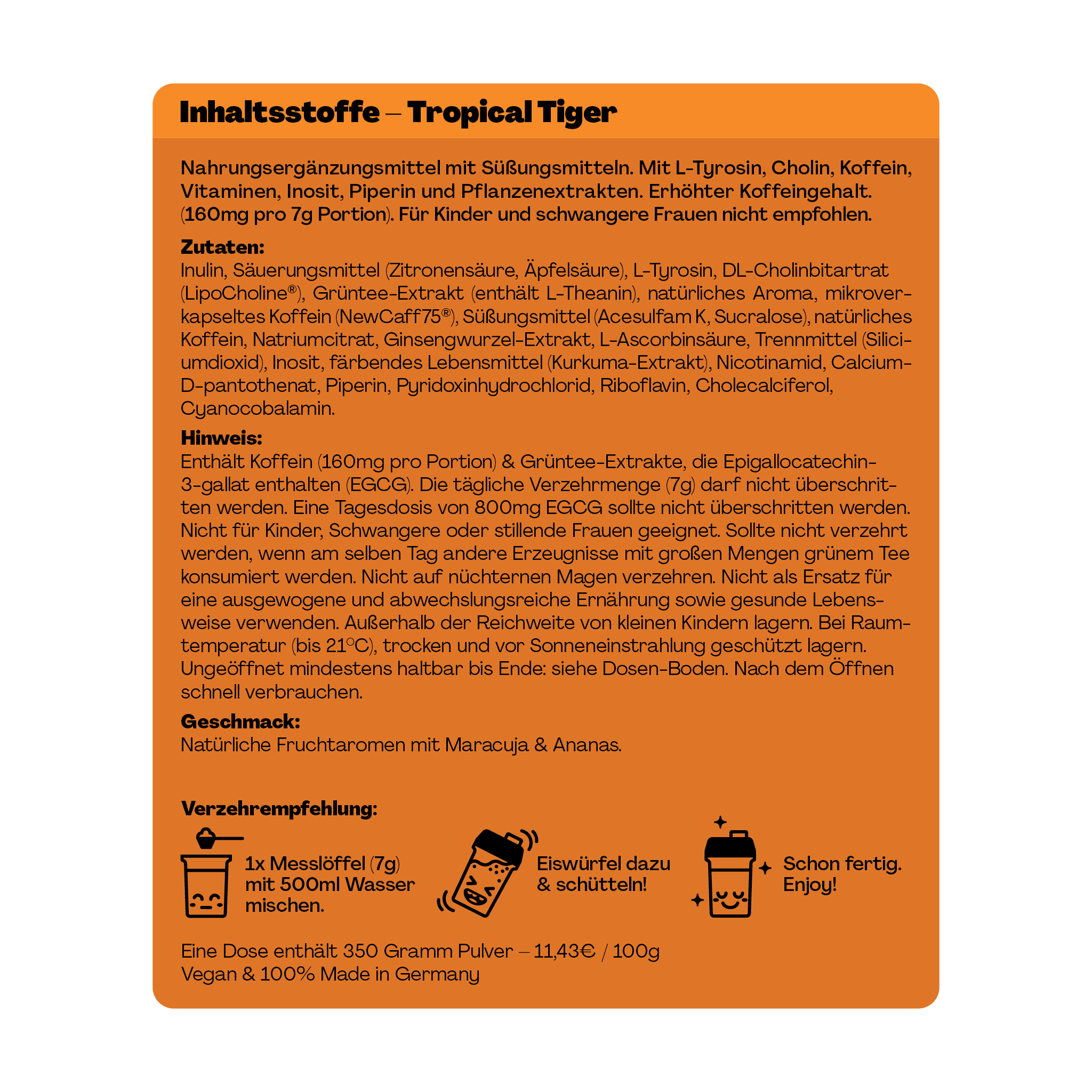 Etikett für ein Nahrungsergänzungsmittel namens "Tropical Tiger" mit Inhaltsstoffen, Hinweisen und Verzehrempfehlung.