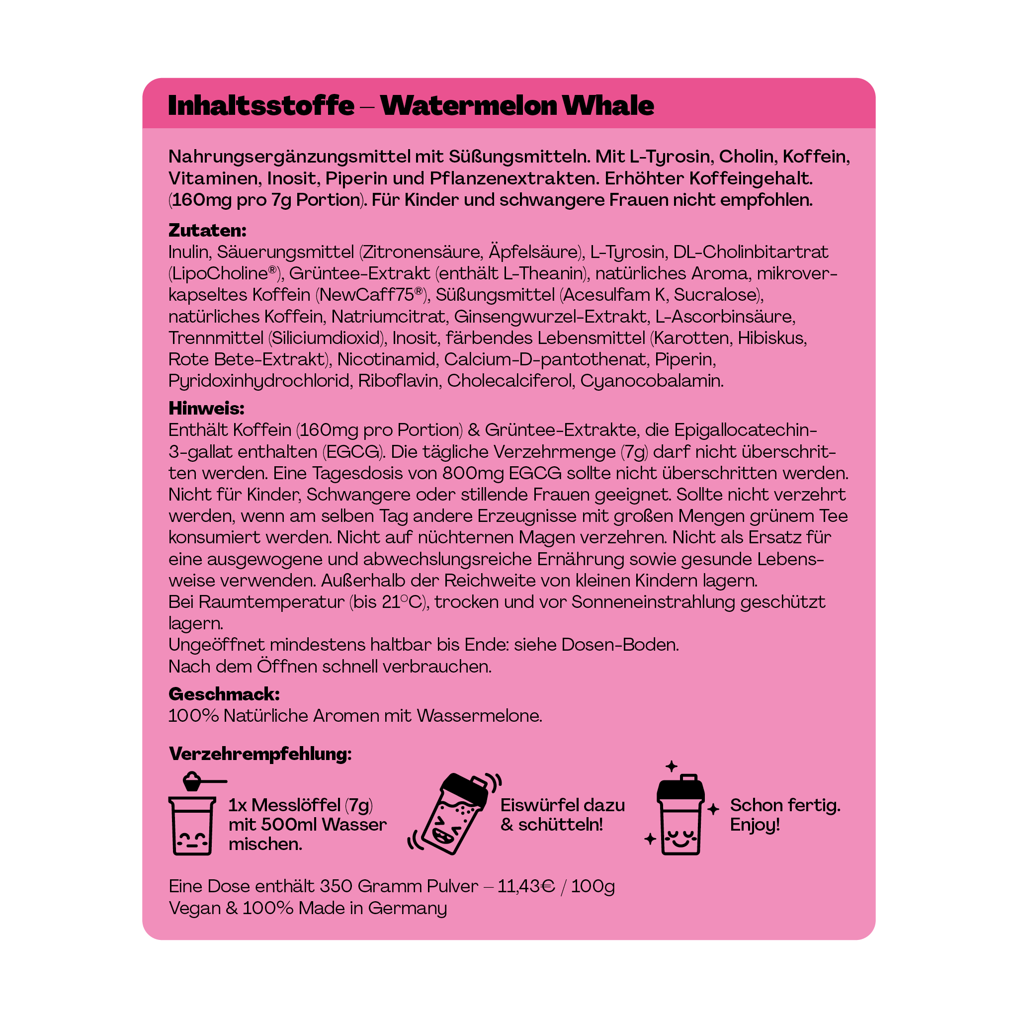 Produktetikett für ein Nahrungsergänzungsmittel "Watermelon Whale" mit Anweisungen und Zutatenliste auf rosa Hintergrund.