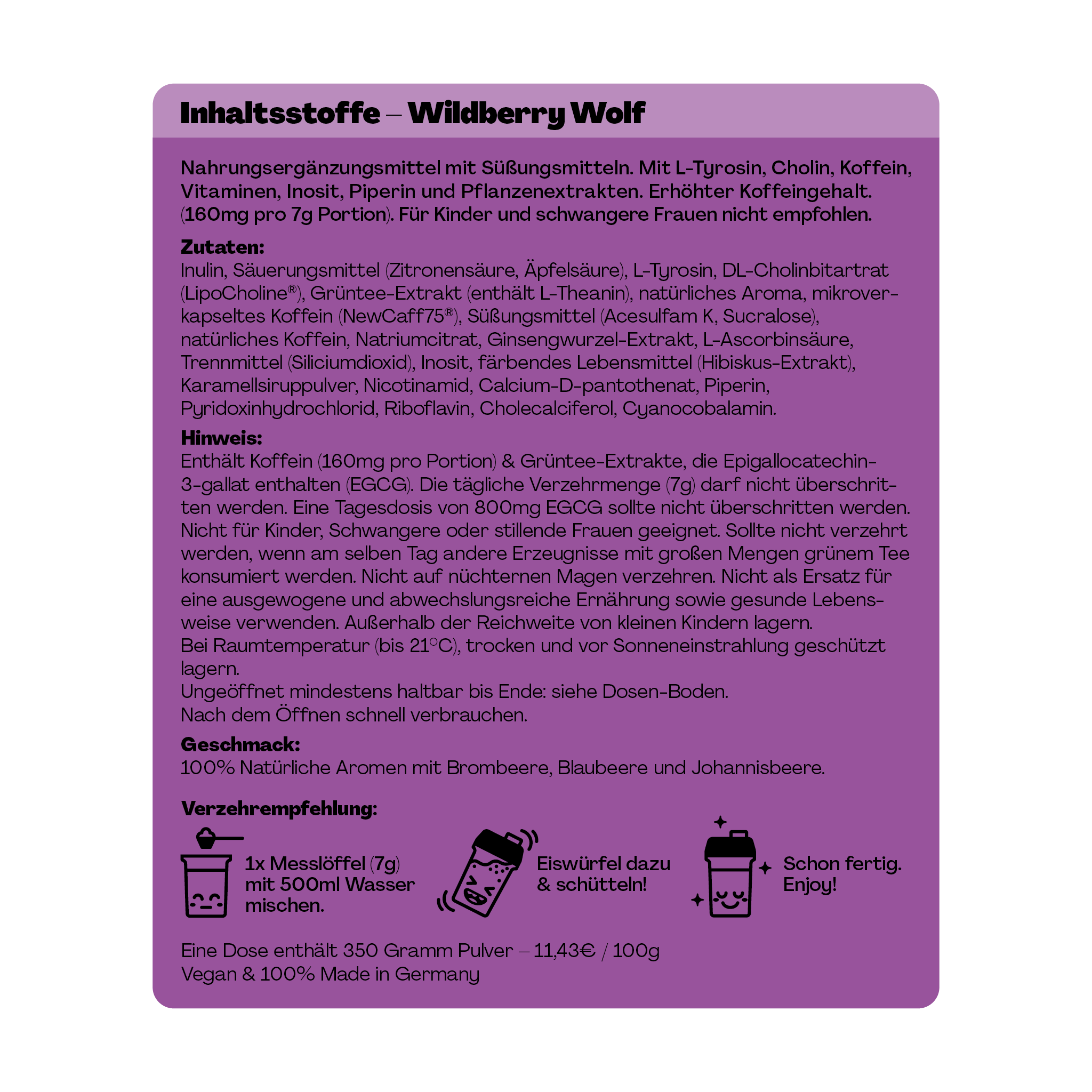 Lila Infoblatt für Nahrungsergänzungsmittel "Wildberry Wolf" mit Zutaten, Hinweisen und Verzehrempfehlung.