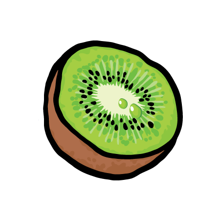 Halbierte Kiwi mit grünem Fruchtfleisch und schwarzem Kern auf schwarzem Hintergrund.