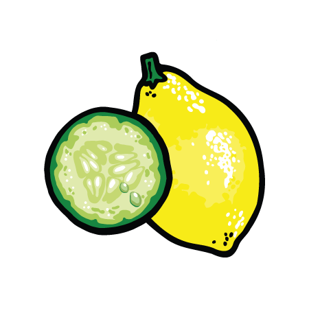 Illustration einer ganzen Zitrone und einer aufgeschnittenen grünen Limette.