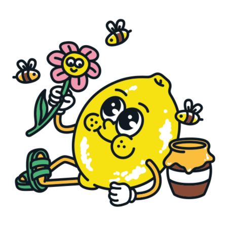 Fröhliche, gezeichnete Zitrone mit Blume und vier Bienen, sitzt neben einem Honigglas.