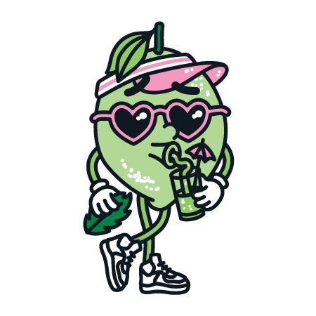 Zeichnung einer coolen Limette mit Sonnenbrille, die ein Getränk mit Strohhalm und Schirm hält.