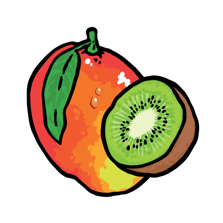 Illustration einer Mango mit einem Stück Kiwi daneben vor schwarzem Hintergrund.