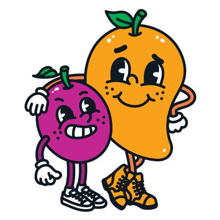 Illustration von lachendem orangem Mango- und lila Trauben-Cartoon mit Armen und Sneakers.