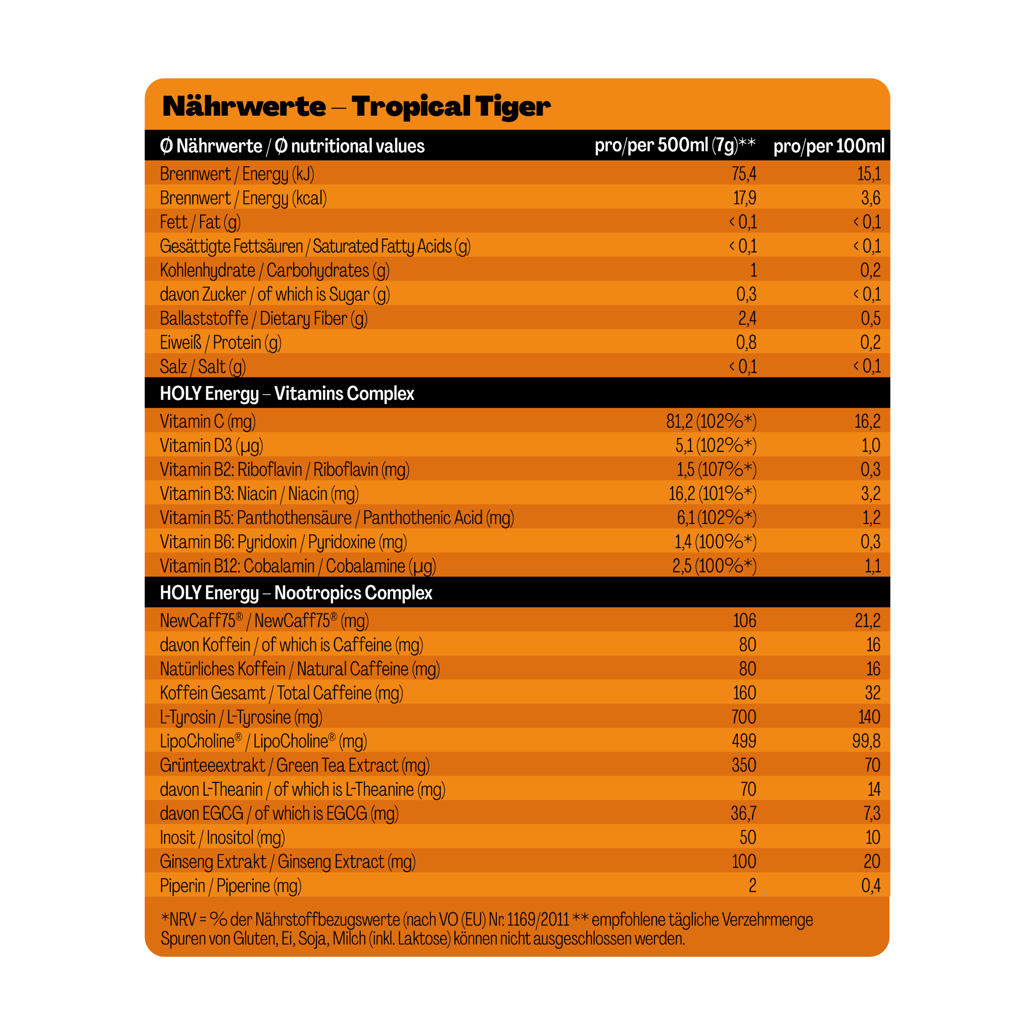 Nährwerttabelle des Tropical Tiger Getränks mit Angaben zu Vitaminen, Nootropika und Inhaltsstoffen.