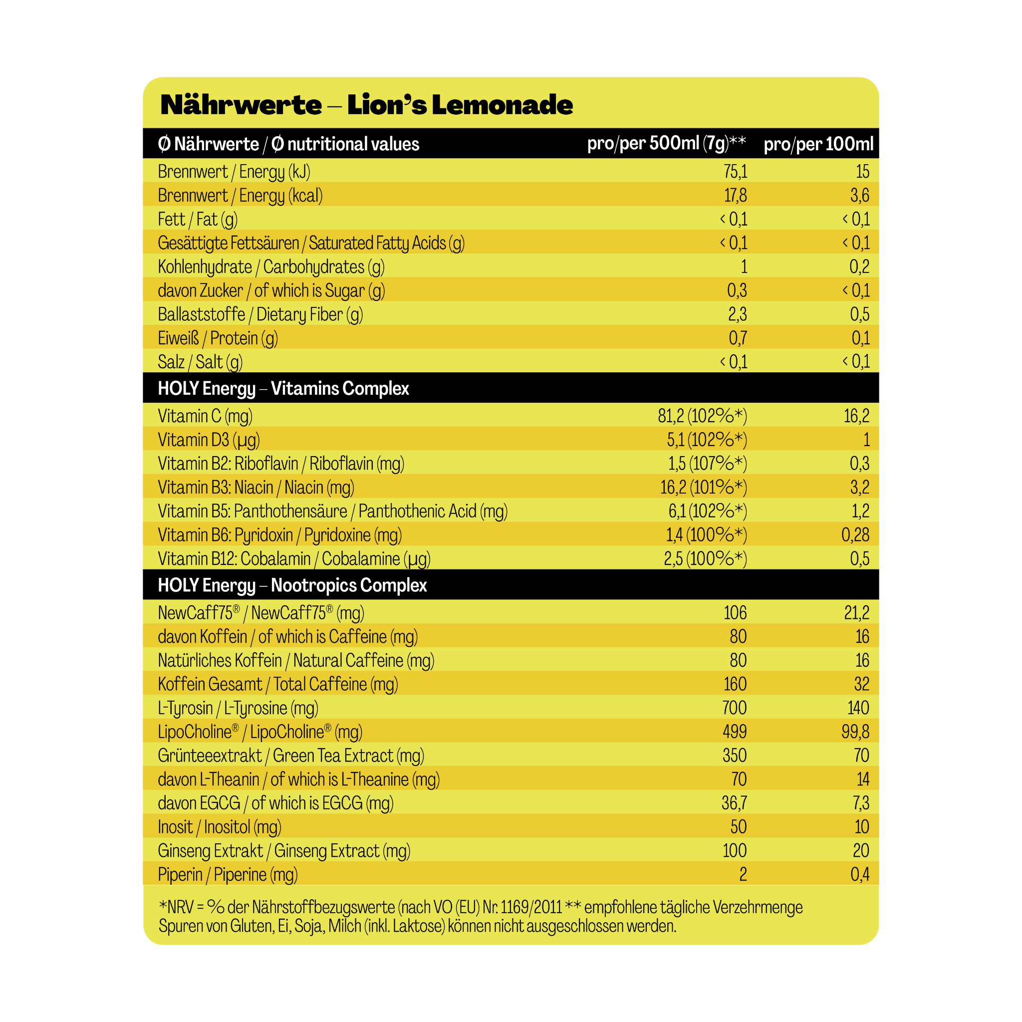 Nährwerttabelle für "Lion's Lemonade" mit Angaben zu Kalorien, Vitaminen und Inhaltsstoffen pro 500ml und 100ml.