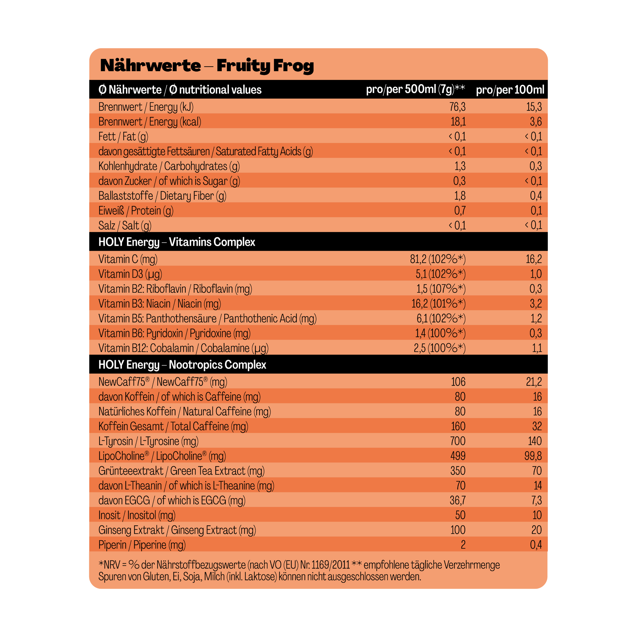 Nährwerttabelle für "Fruity Frog" mit Angaben zu Vitaminen und Nootropika-Komplexen pro 500 ml und 100 ml.