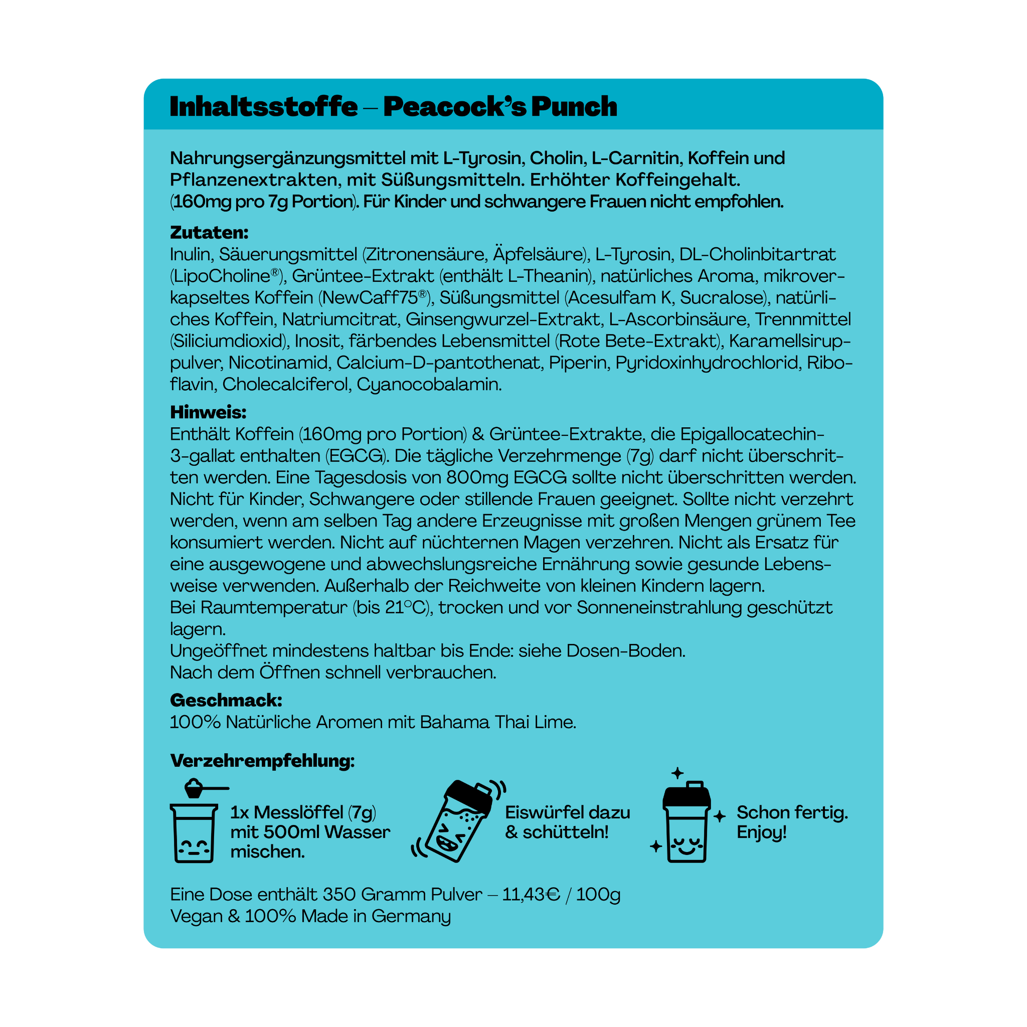 Etikett einer Nahrungsergänzung mit Inhaltsstoffen und Anwendungshinweisen, Geschmack Bahama Thai Lime.