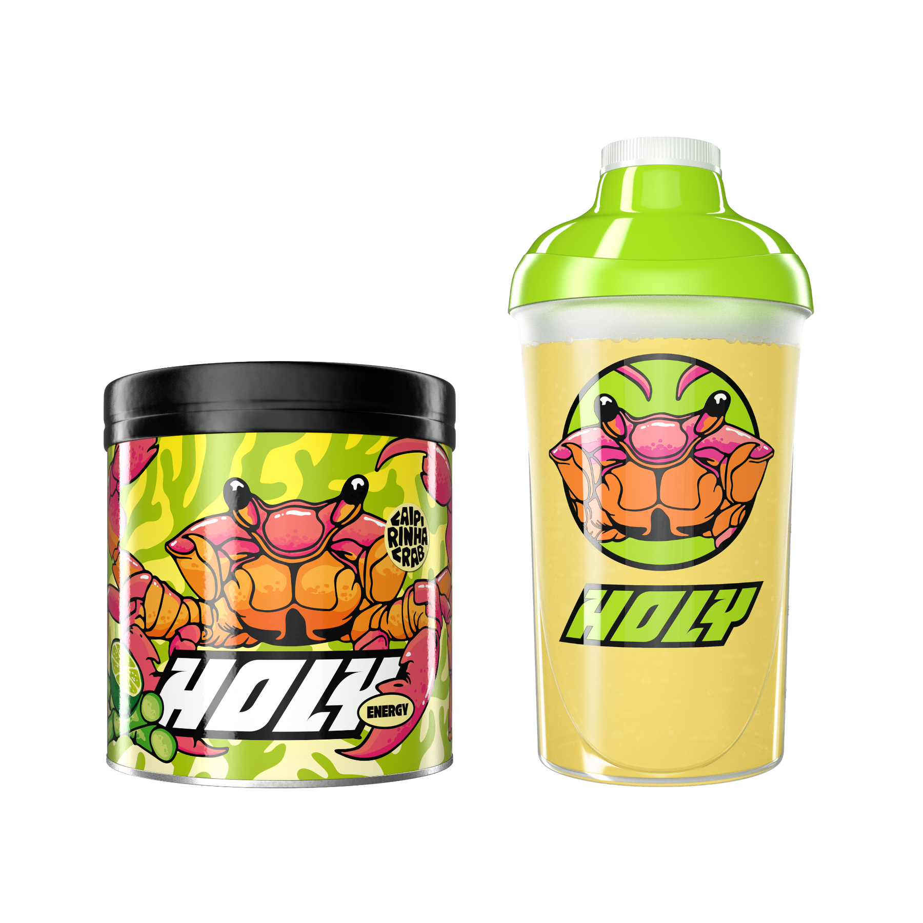 Pappdose mit Krabbenmotiv und grüner Shaker mit gleichem Design, beide mit dem Schriftzug "Holy".