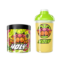 Pappdose mit Krabbenmotiv und grüner Shaker mit gleichem Design, beide mit dem Schriftzug "Holy".