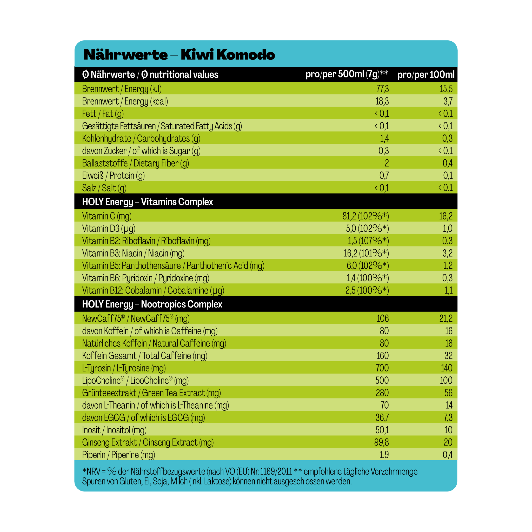 Nährwerttabelle für „Kiwi Komodo“ mit Angaben zu Energie, Vitaminen und Nootropika in zwei Portionsgrößen.