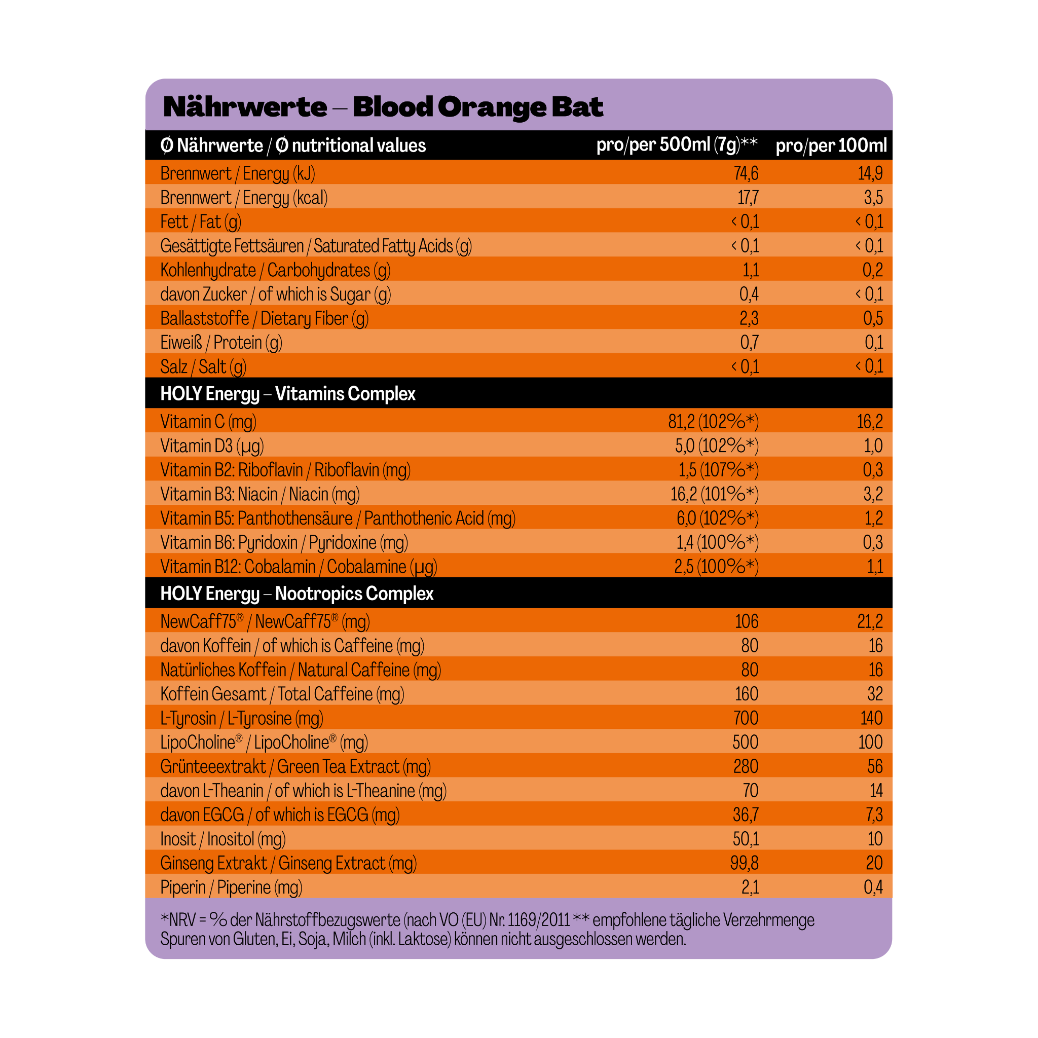 Nährwerttabelle für ein Produkt namens "Blood Orange Bat" mit Angaben zu Vitaminen und Nootropika-Komplexen.