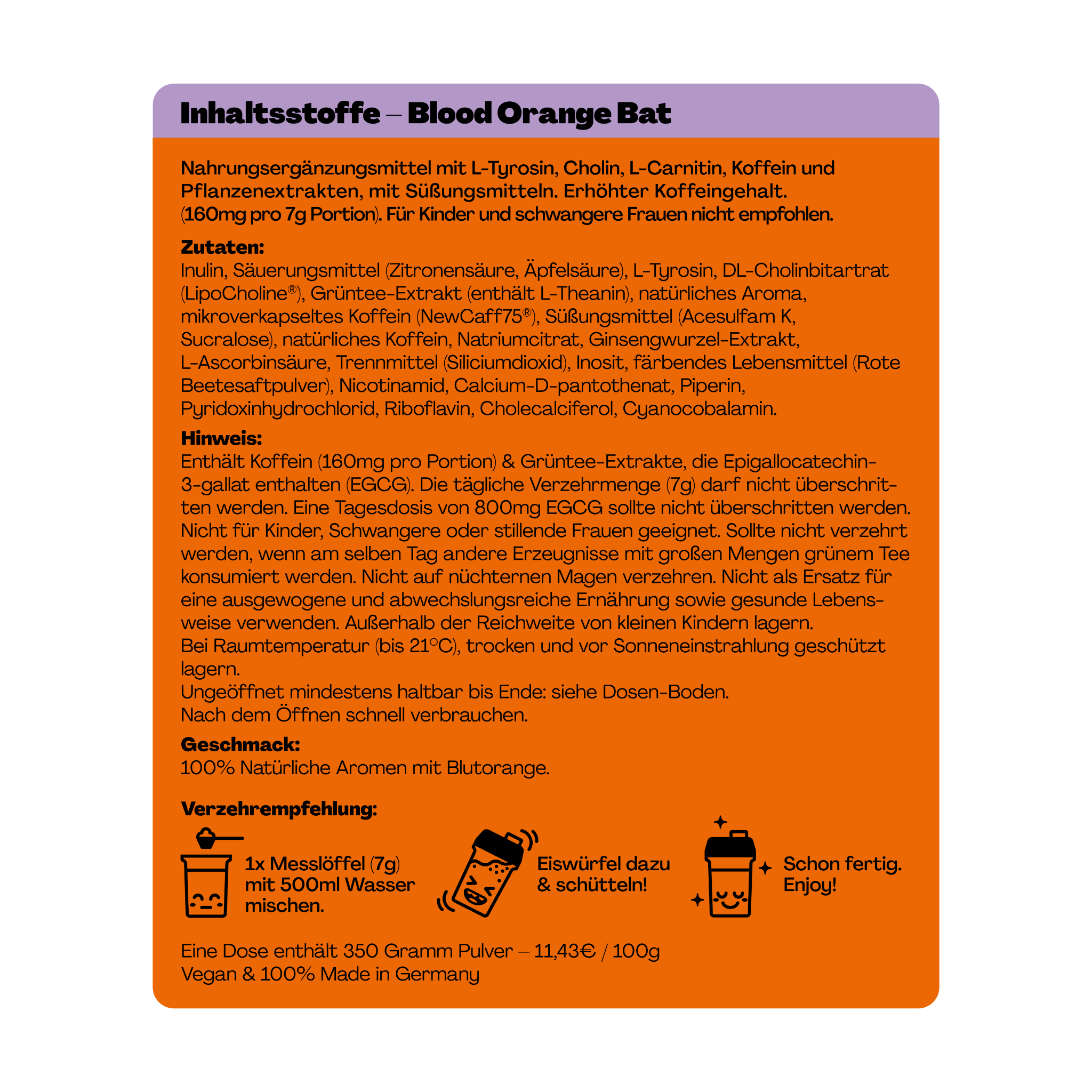 Etikett zeigt Inhaltsstoffe und Zubereitungshinweise für ein Nahrungsergänzungsmittel mit Blutorangengeschmack.