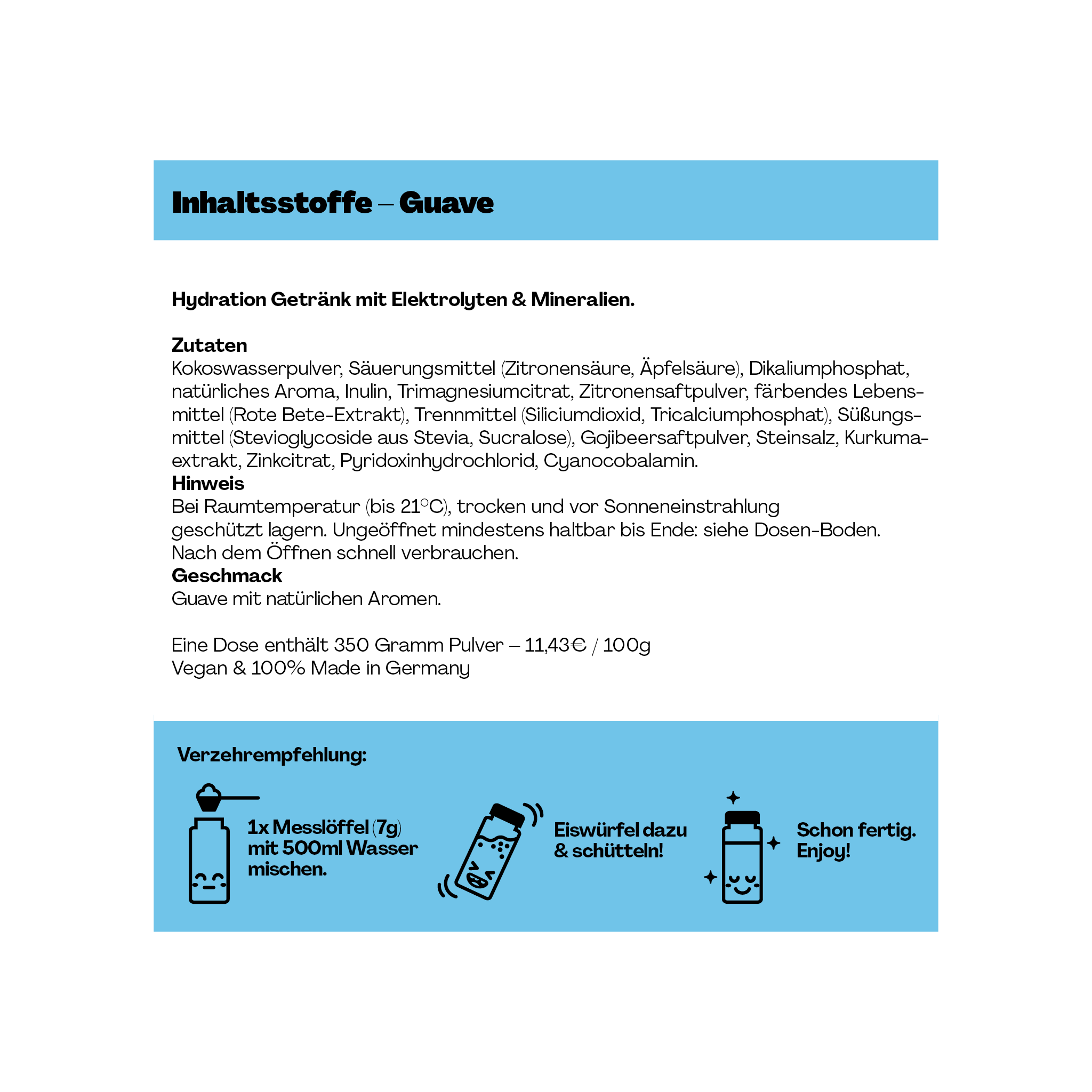 Eine Zutatenliste für ein Guave-Getränk mit Elektrolyten; Anleitung zeigt Mixen mit Wasser und Shaker.