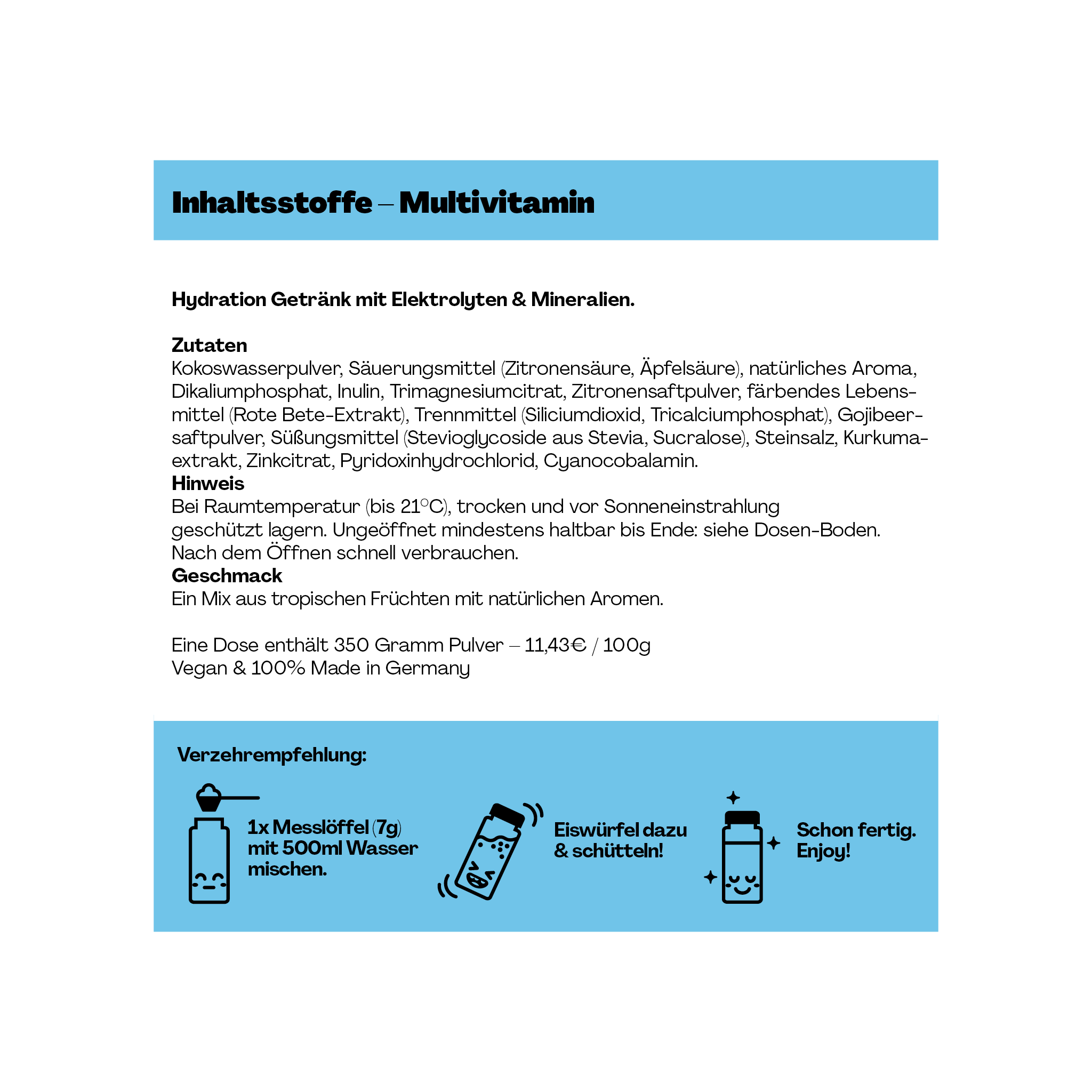 Eine Zutatenliste für ein Multivitamin-Hydrationsgetränk mit Verzehrsempfehlung und Lagerhinweisen.
