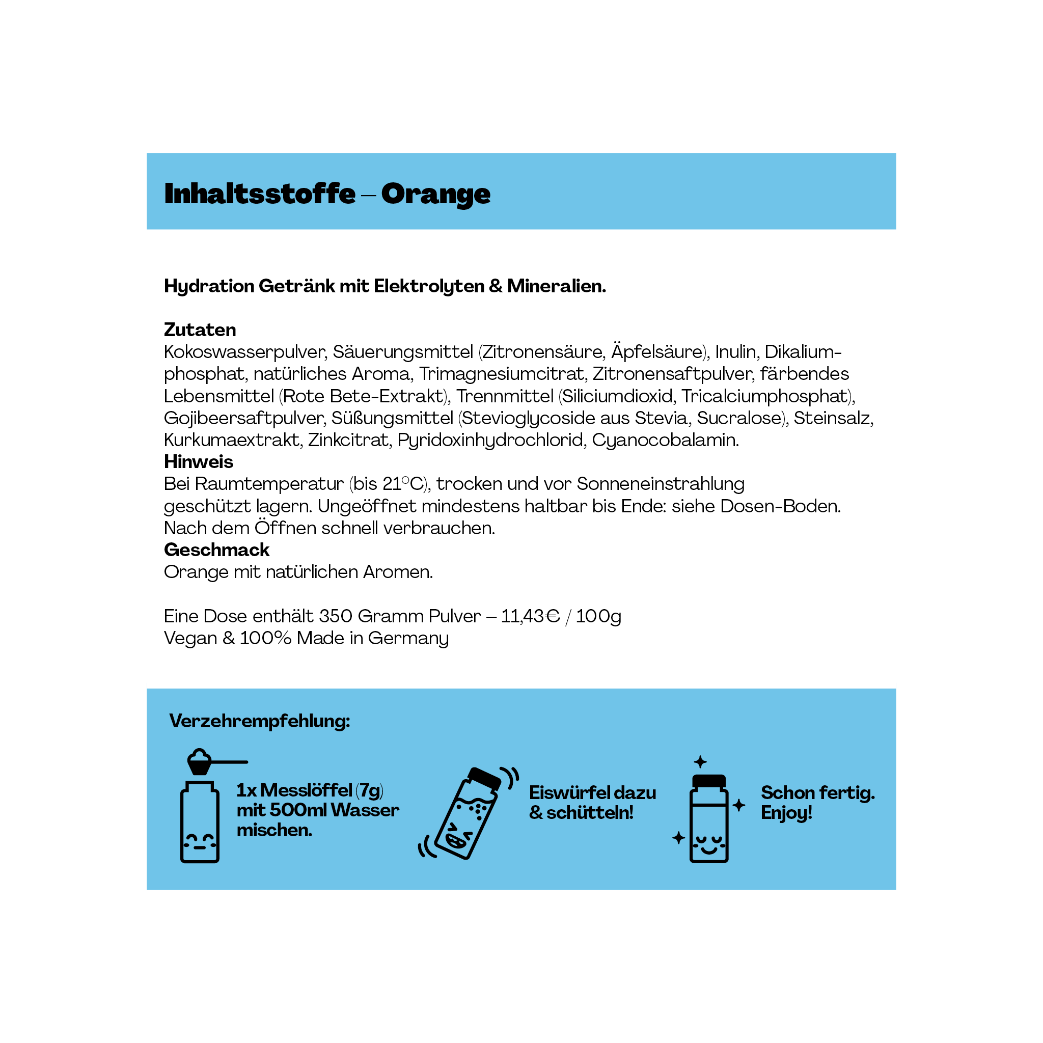 Etikett eines Getränkepulvers in Geschmacksrichtung Orange mit Zutatenliste und Zubereitungshinweisen.
