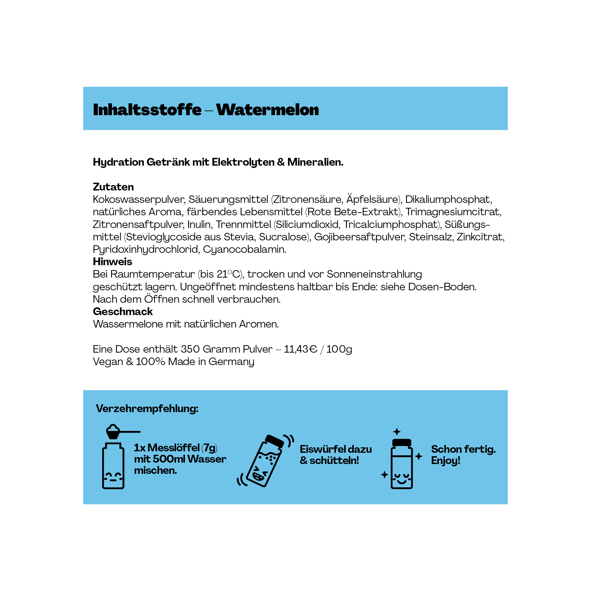 Produktinformation für ein Getränk mit Elektrolyten in Wassermelonen-Geschmack, Zutaten und Verzehrempfehlung.