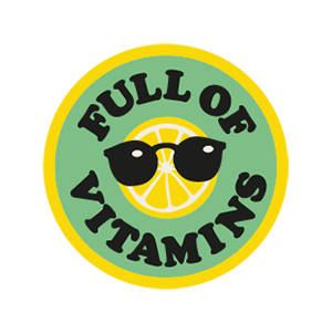 Grafik mit einer Zitrone, die eine Sonnenbrille trägt, umgeben vom Schriftzug "Full of Vitamins" auf grünem Hintergrund.