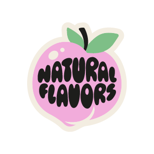 Ein pinker Apfel mit grünen Blättern und der Aufschrift "Natural Flavors" in schwarz.