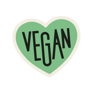 Grünes Herz mit der Aufschrift "Vegan" in schwarzer Schrift.