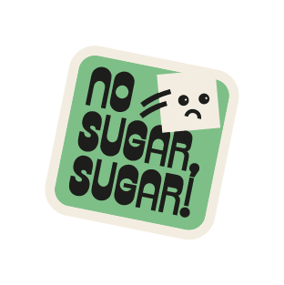 Illustration mit Schriftzug „No Sugar, Sugar!” und einem traurigen Zuckerwürfel auf grünem Hintergrund.