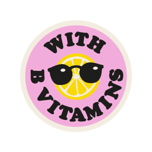 Kreisförmiger Aufkleber mit dem Text "WITH B VITAMINS", einer Zitrone und einer Sonnenbrille auf rosa Hintergrund.