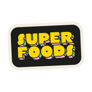 Bunte Schrift "Super Foods" auf schwarzem Hintergrund mit weißem Rahmen.