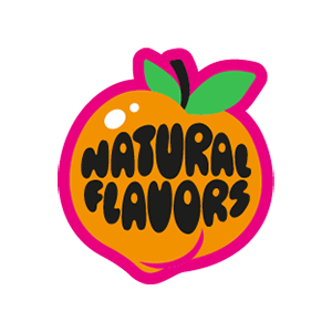 Orange mit dem Text "Natural Flavors" auf pinkem Hintergrund.