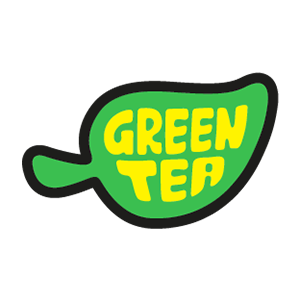 Grünes Blatt mit der Aufschrift "Green Tea" in gelber Schrift.